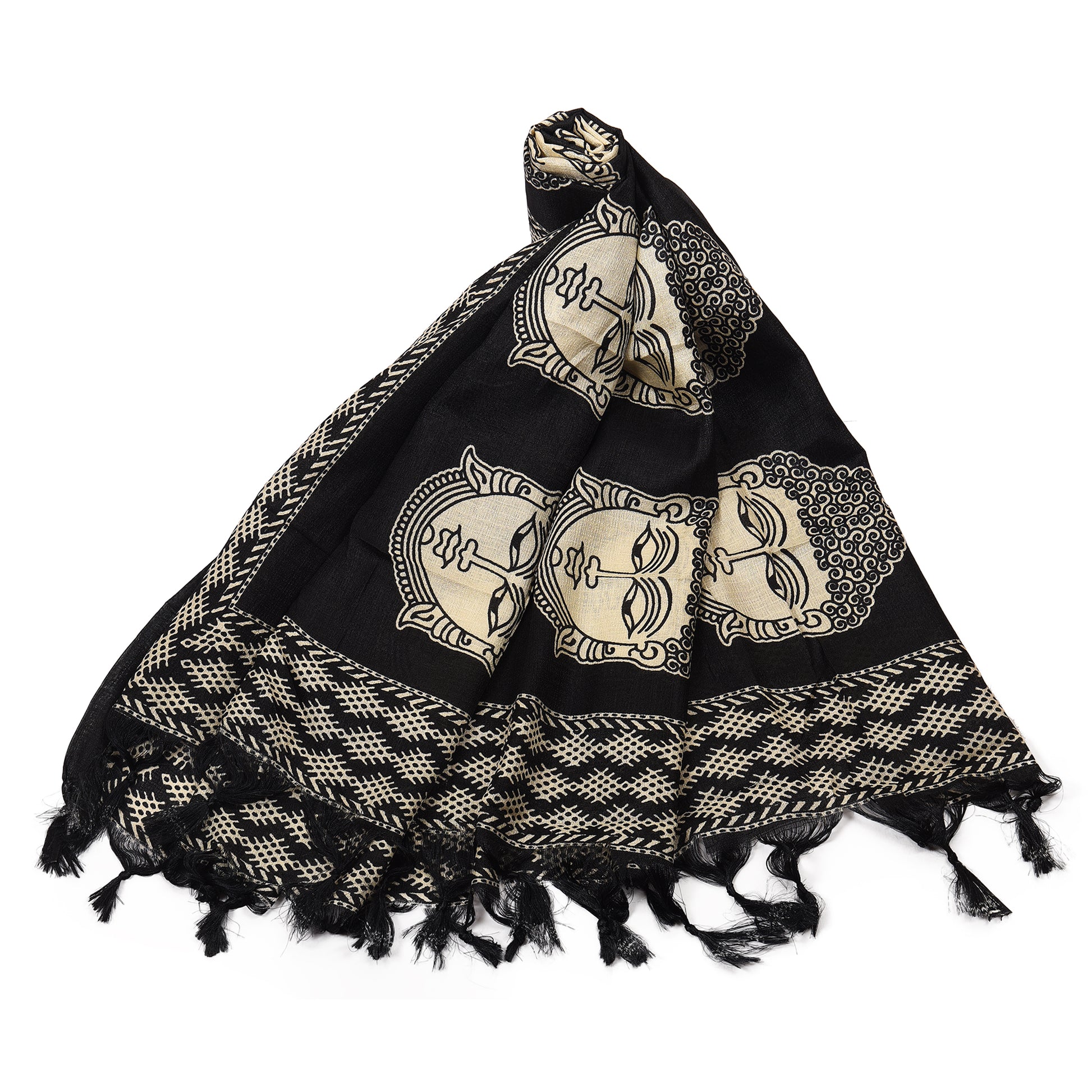 Black Print Art Silk Dupatta with Tassels