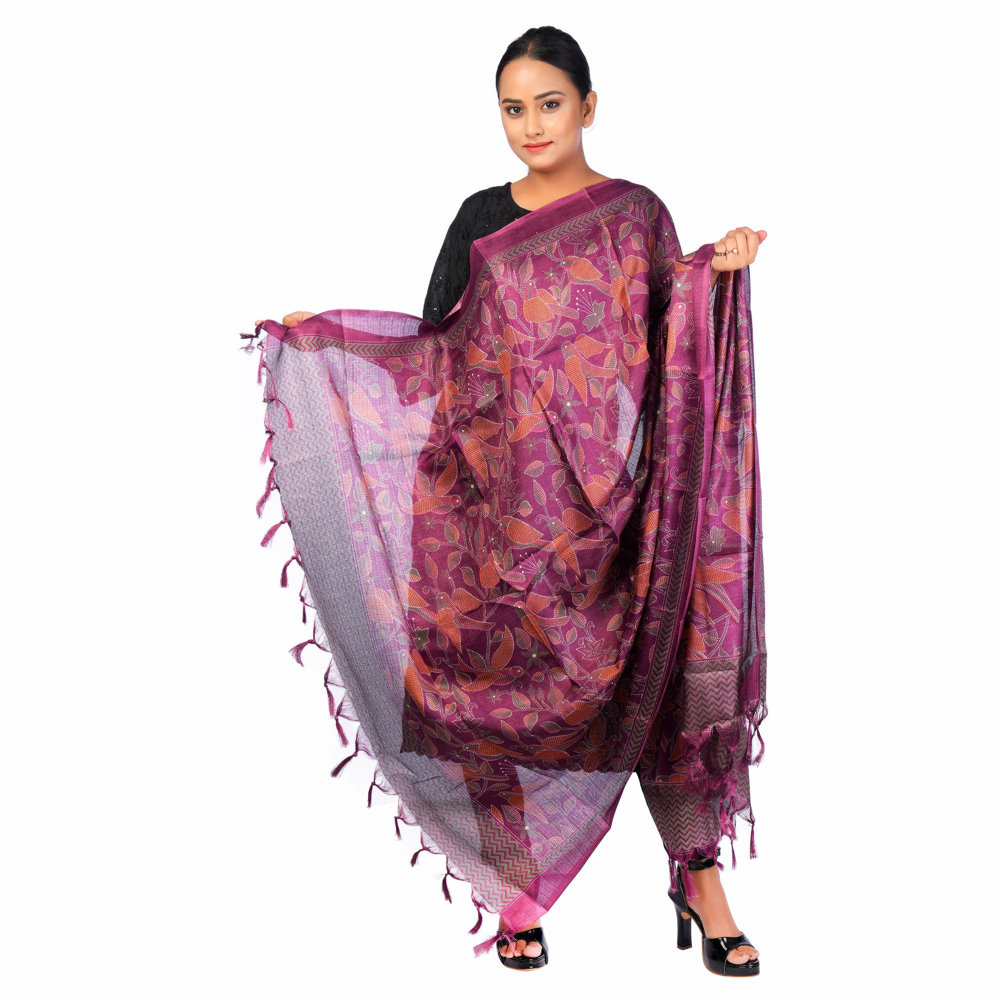 Art Silk Dupatta with All-Over Bird Print and Tassels
