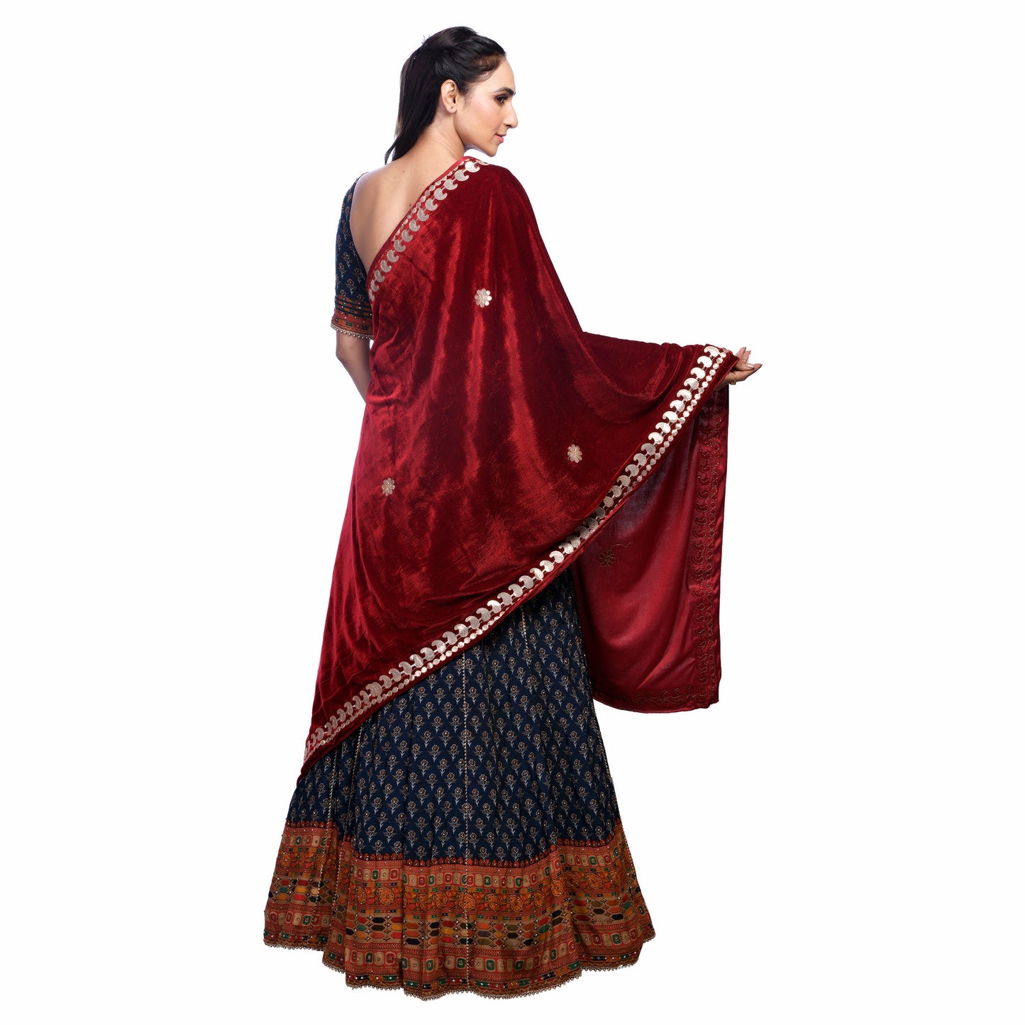 Elegant Velvet Dupatta with Embroidered Gota Patti Gold Border