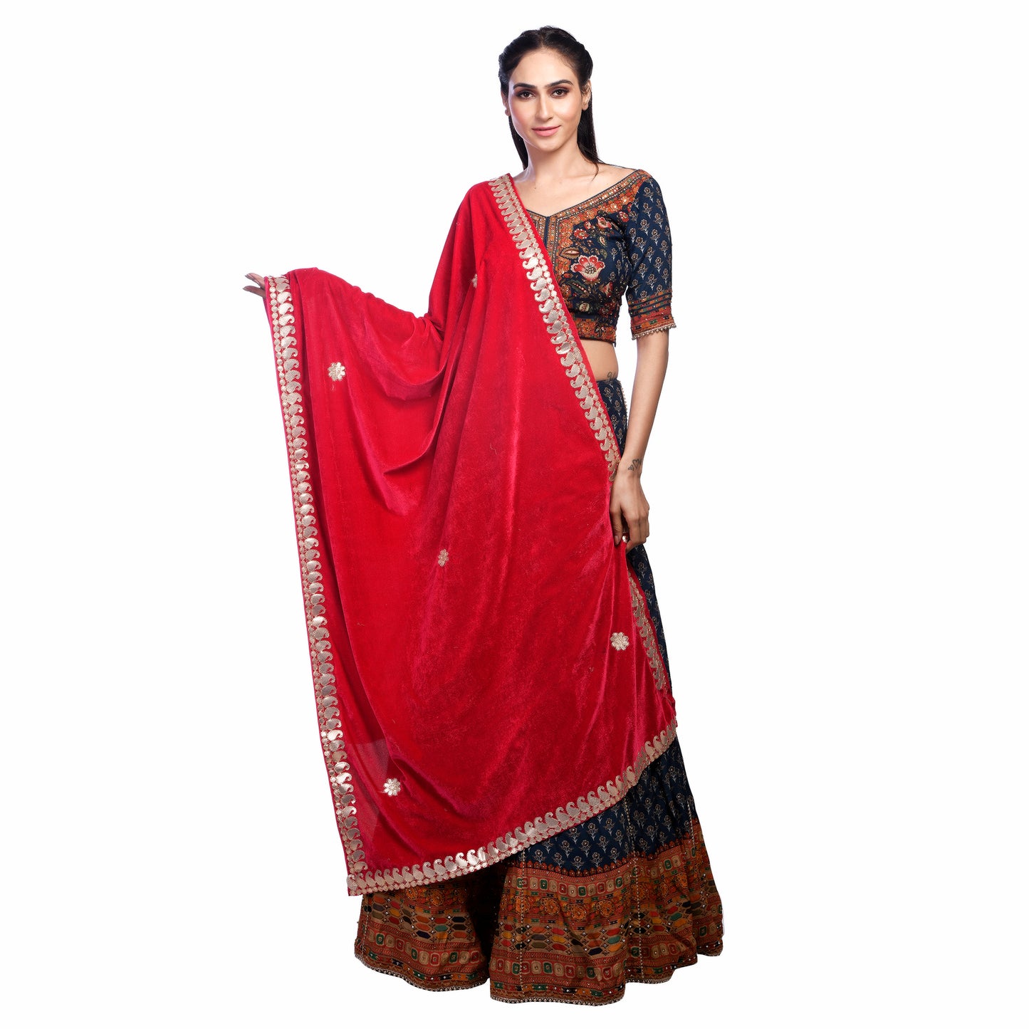 Elegant Velvet Dupatta with Embroidered Gota Patti Gold Border