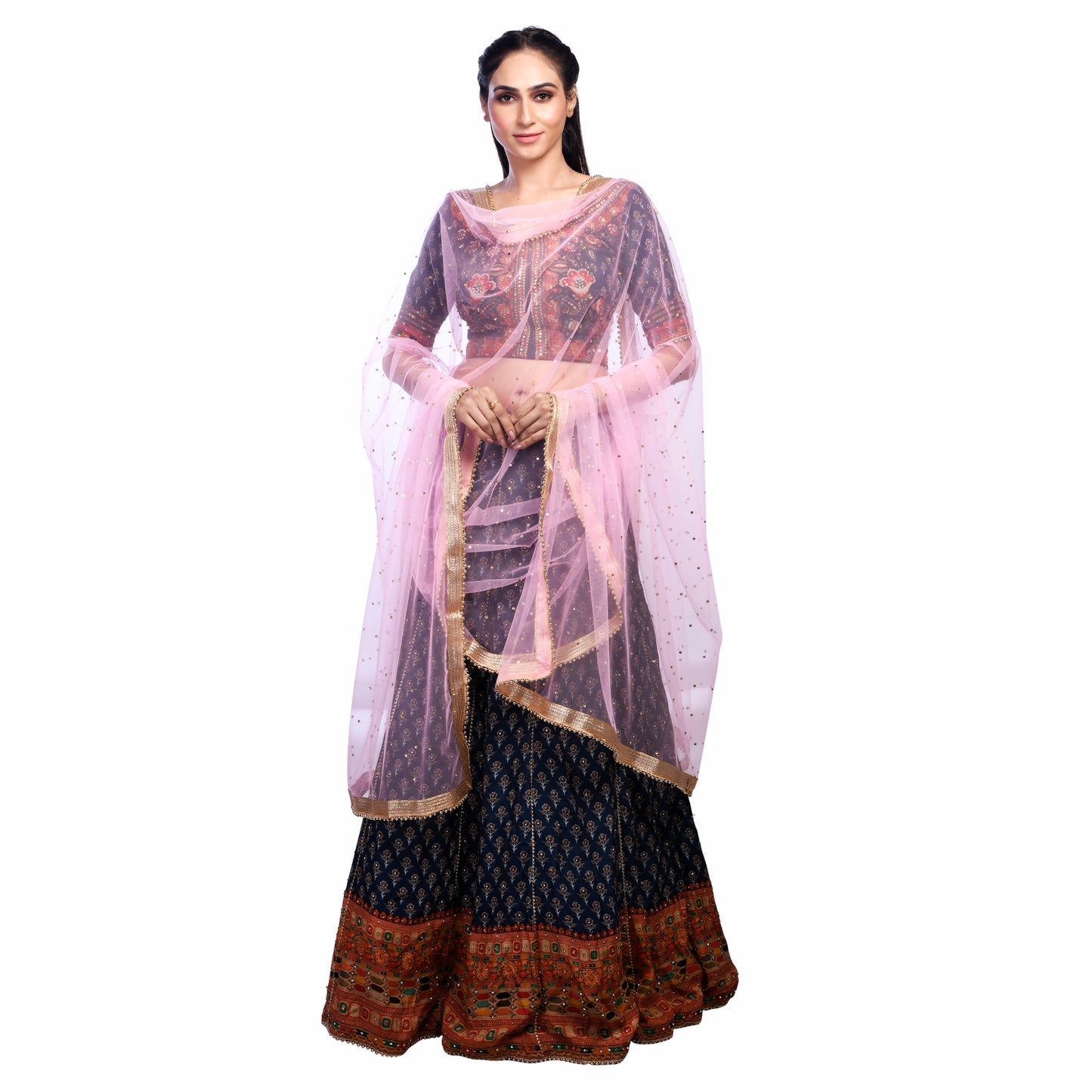 Elegant Net Dupatta with Golden Zari & Moti Lace