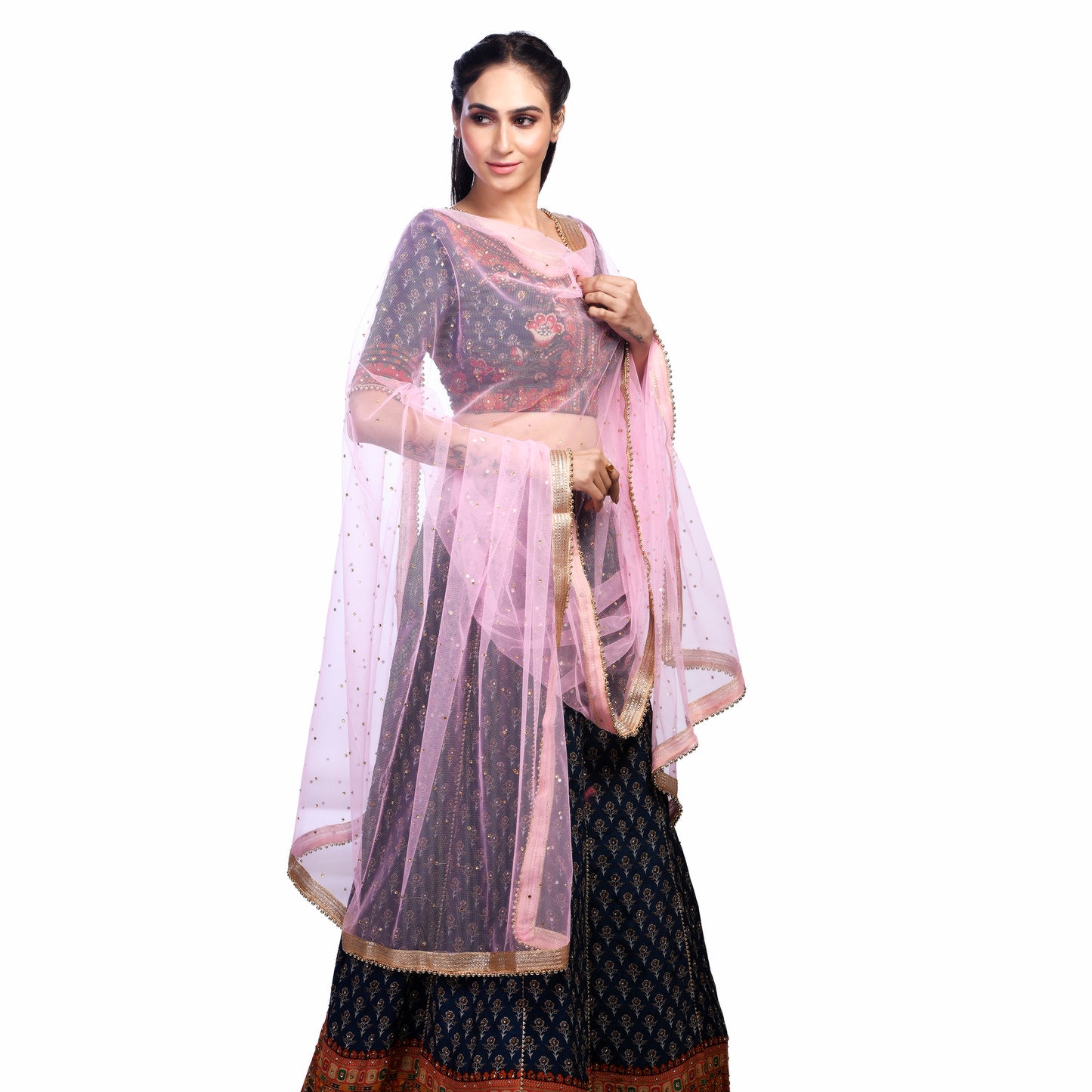 Elegant Net Dupatta with Golden Zari & Moti Lace