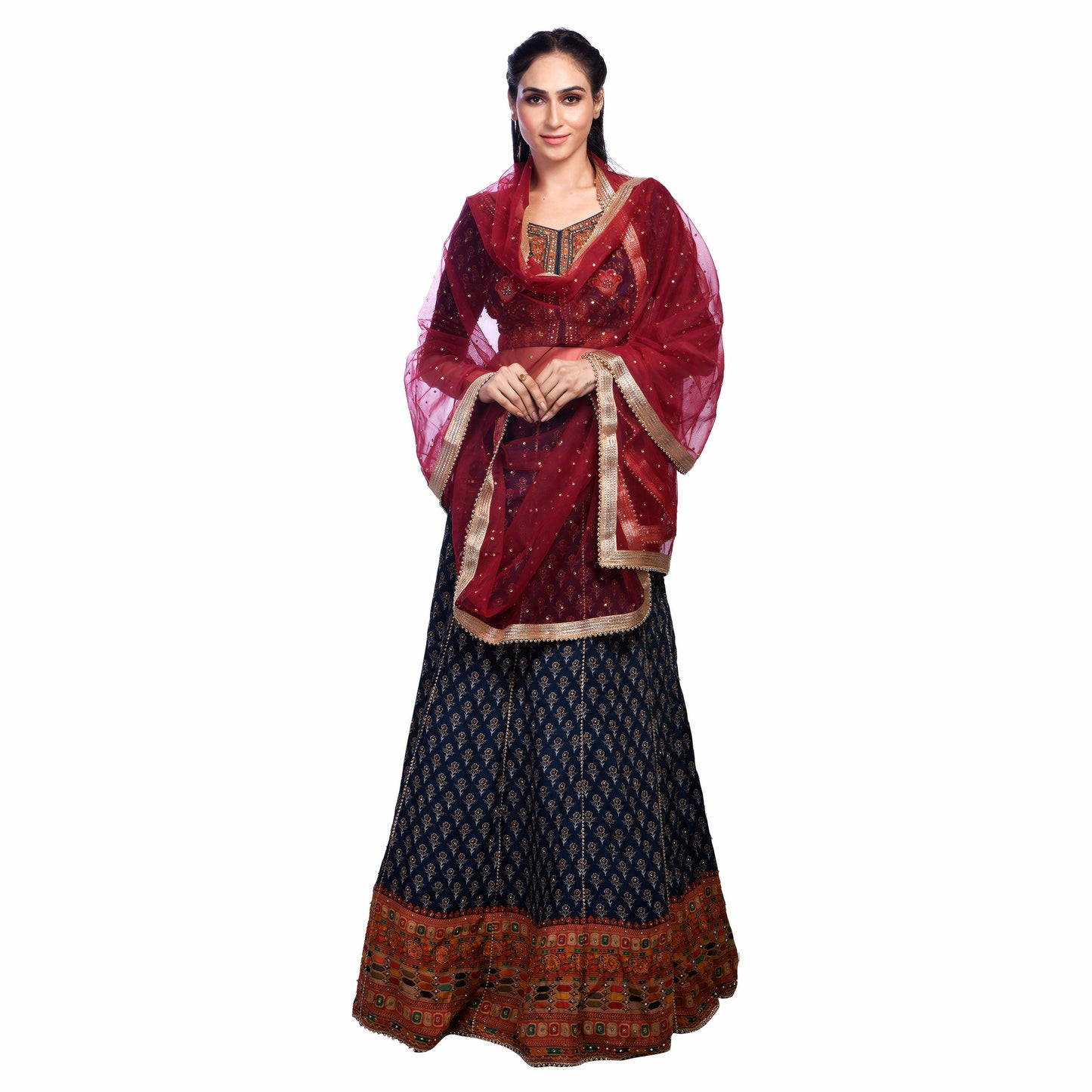 Elegant Net Dupatta with Golden Zari & Moti Lace