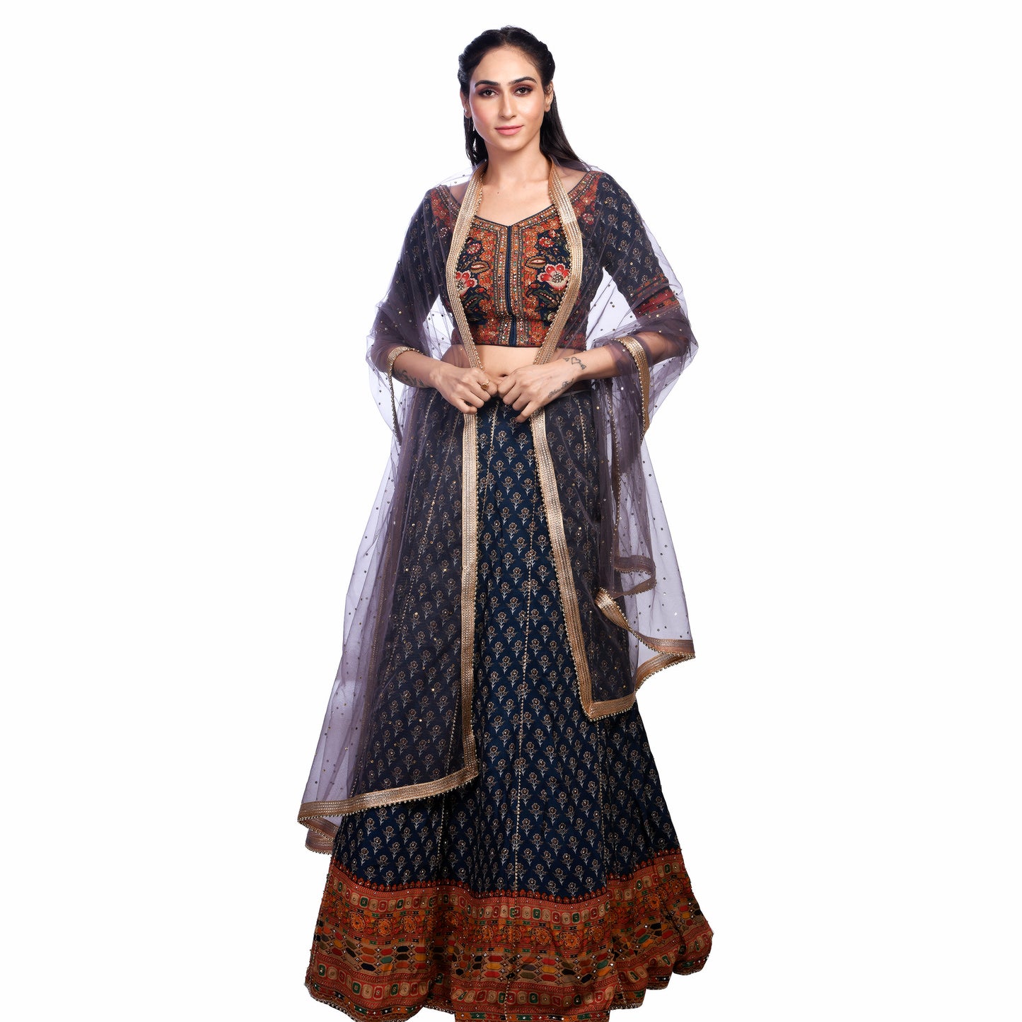 Elegant Net Dupatta with Golden Zari & Moti Lace