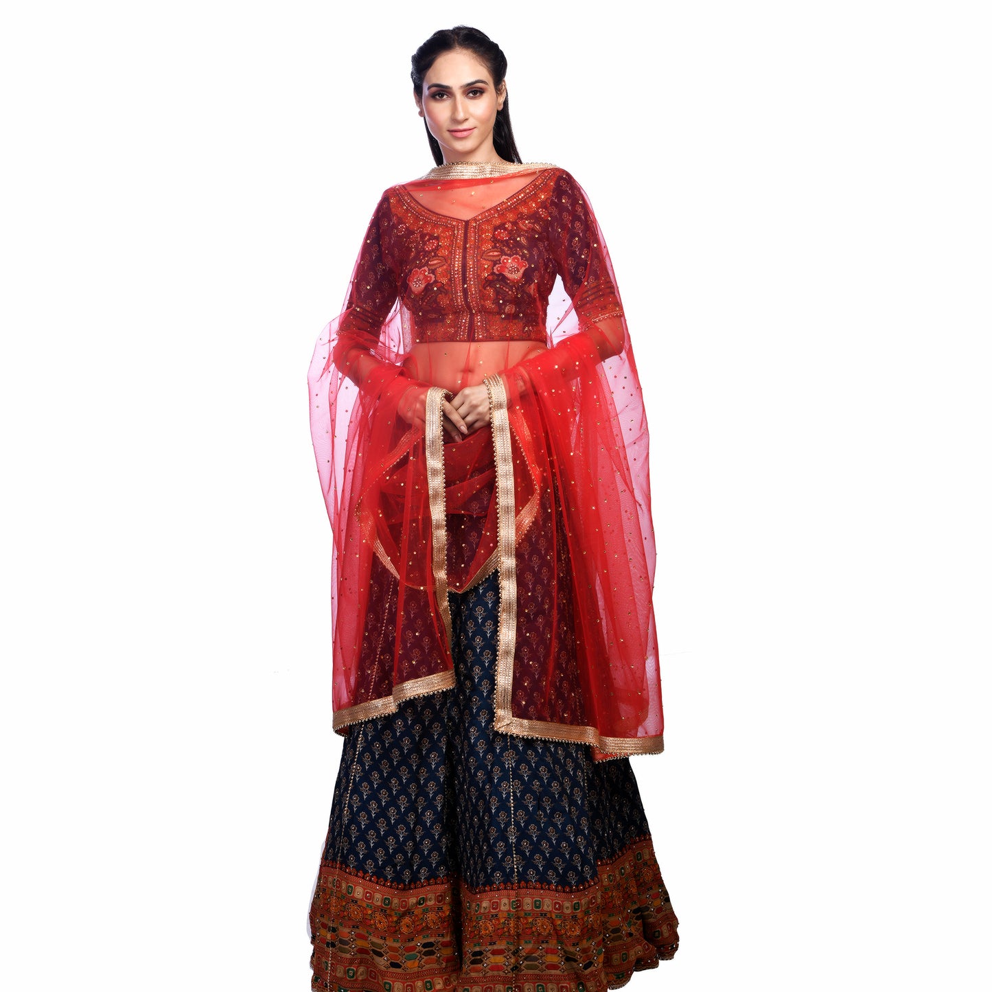 Elegant Net Dupatta with Golden Zari & Moti Lace