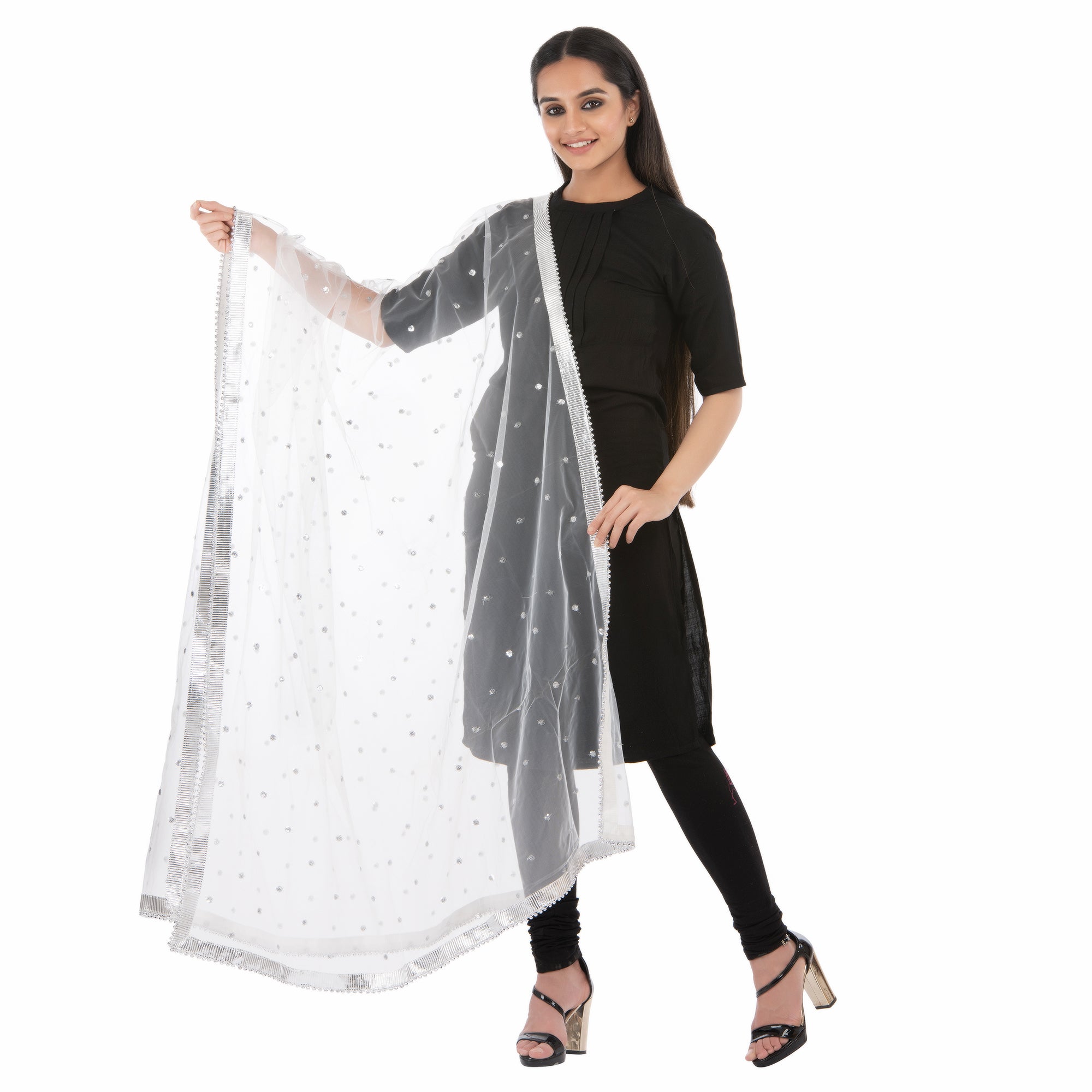 Elegant Net Dupatta with Golden Zari & Moti Lace