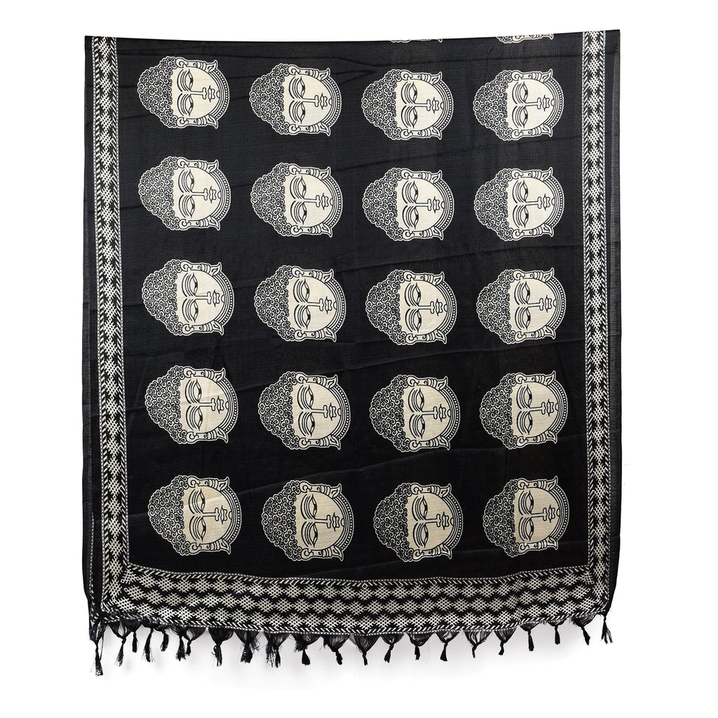 Black Print Art Silk Dupatta with Tassels