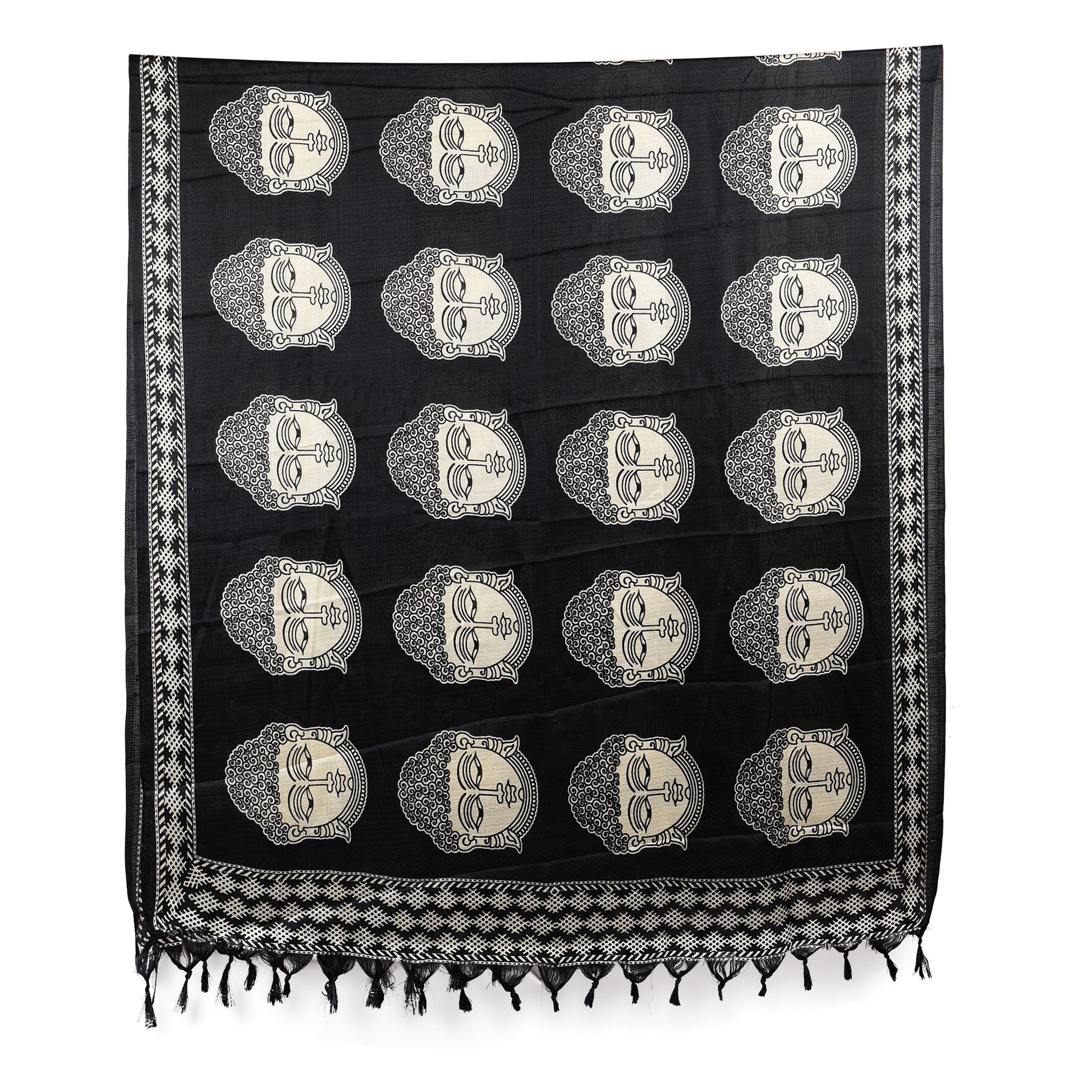 Black Print Art Silk Dupatta with Tassels