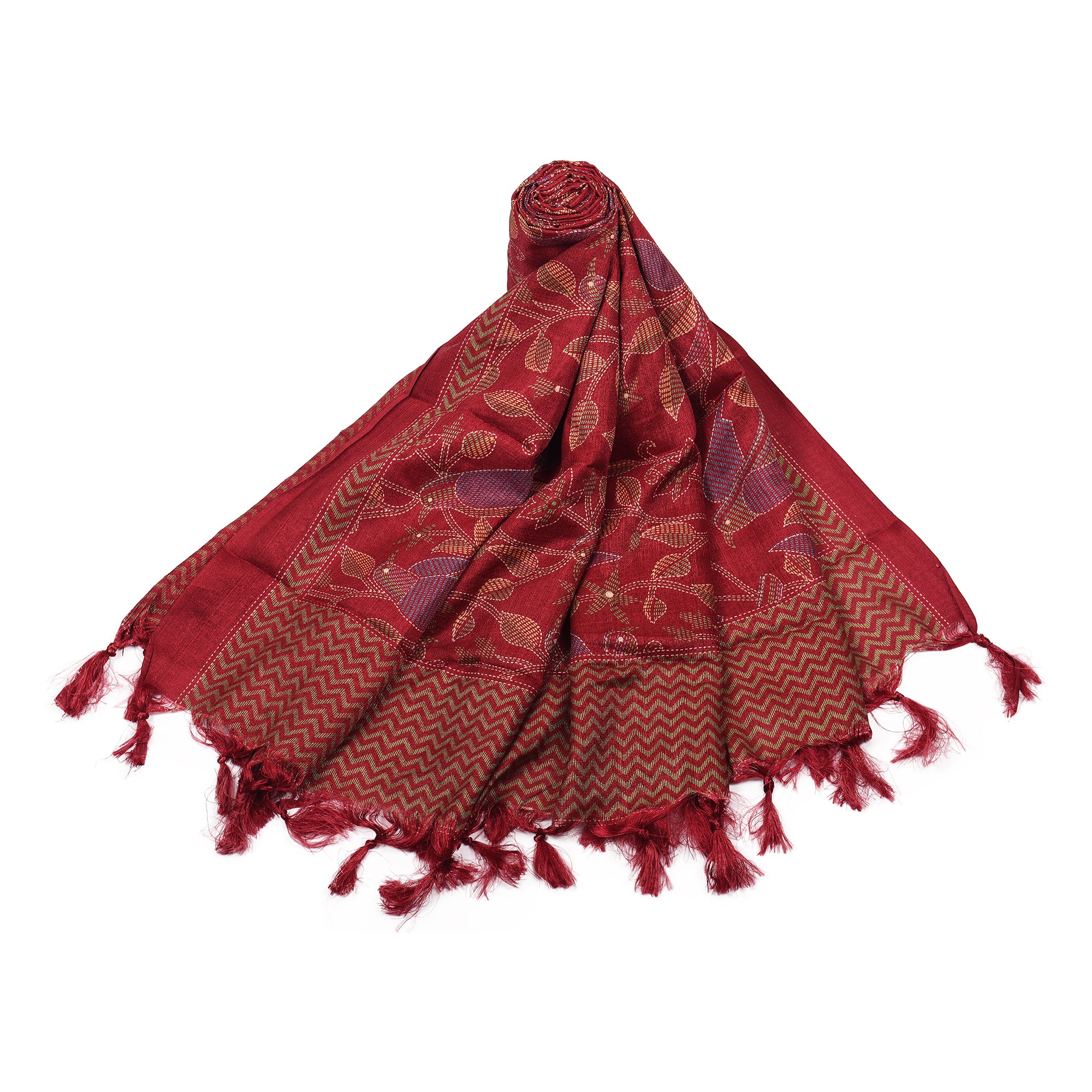 Art Silk Dupatta with All-Over Bird Print and Tassels