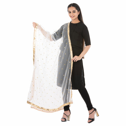 Elegant Net Dupatta with Golden Zari & Moti Lace