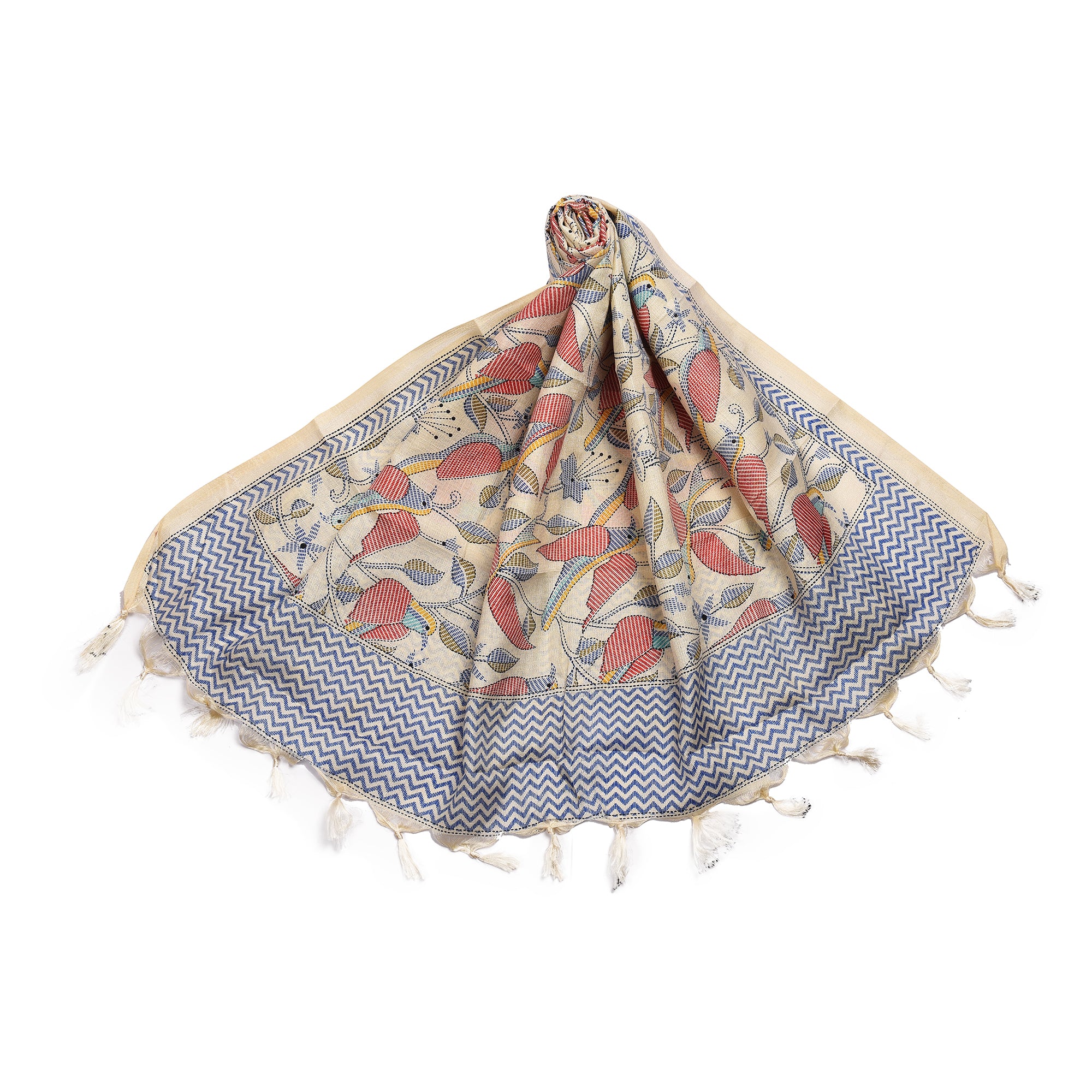 Art Silk Dupatta with All-Over Bird Print and Tassels