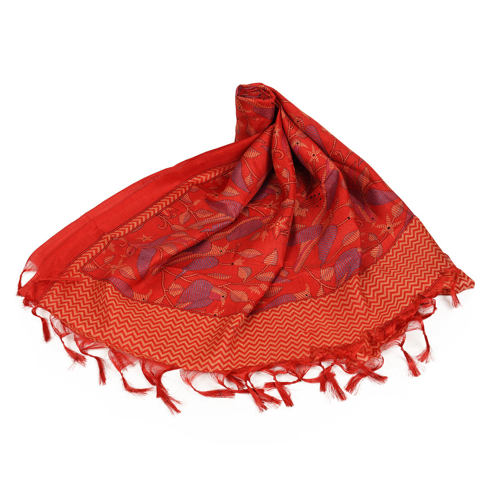 Art Silk Dupatta with All-Over Bird Print and Tassels