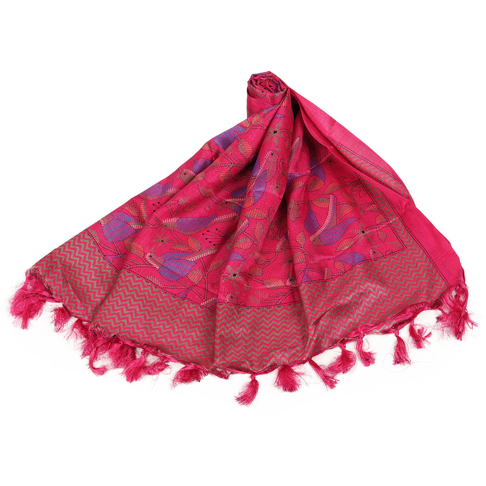 Art Silk Dupatta with All-Over Bird Print and Tassels