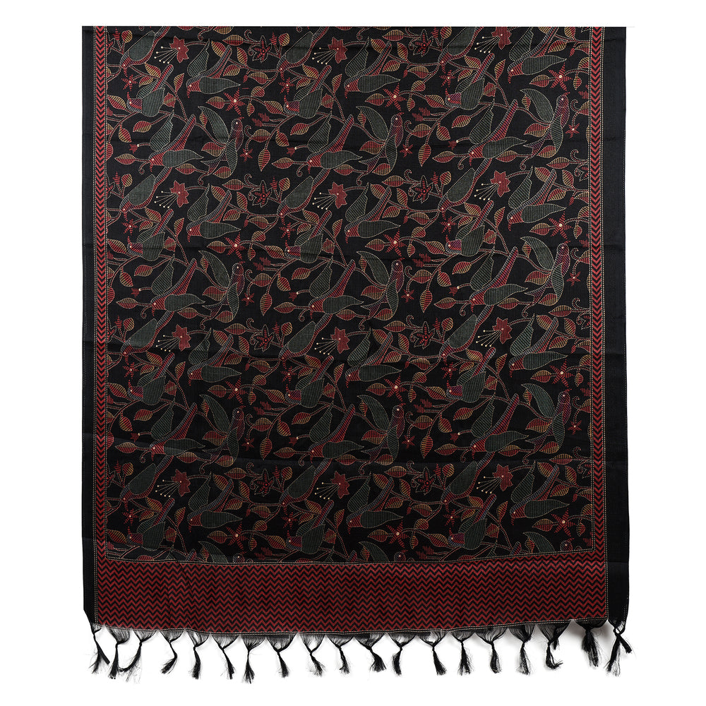 Art Silk Dupatta with All-Over Bird Print and Tassels