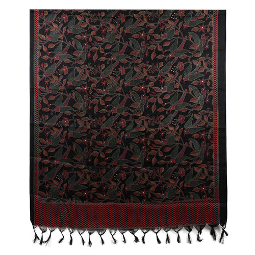 Art Silk Dupatta with All-Over Bird Print and Tassels