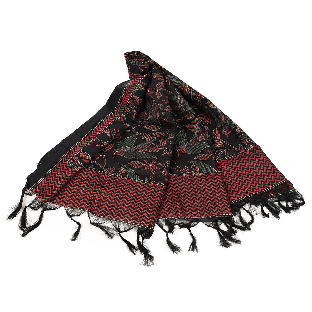 Art Silk Dupatta with All-Over Bird Print and Tassels