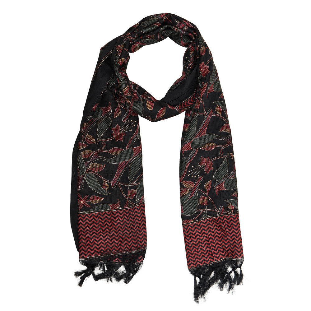 Art Silk Dupatta with All-Over Bird Print and Tassels