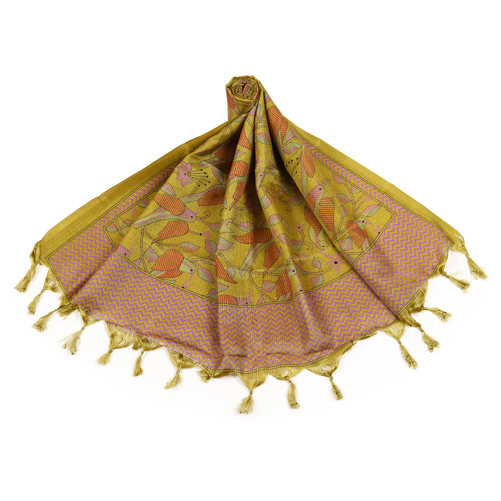 Art Silk Dupatta with All-Over Bird Print and Tassels