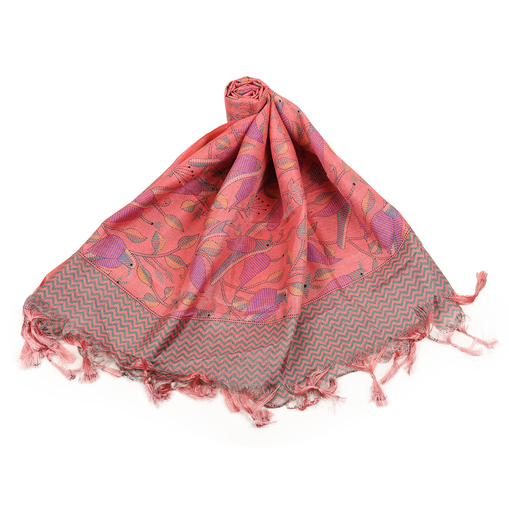Art Silk Dupatta with All-Over Bird Print and Tassels