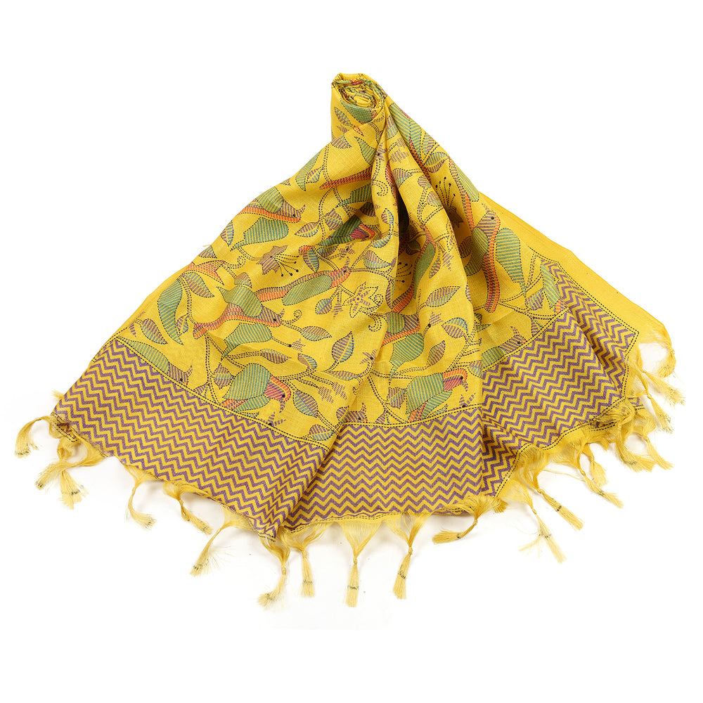 Art Silk Dupatta with All-Over Bird Print and Tassels