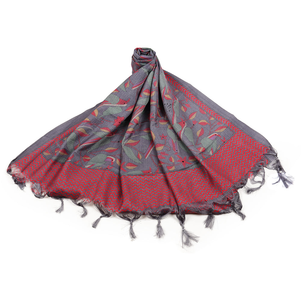 Art Silk Dupatta with All-Over Bird Print and Tassels