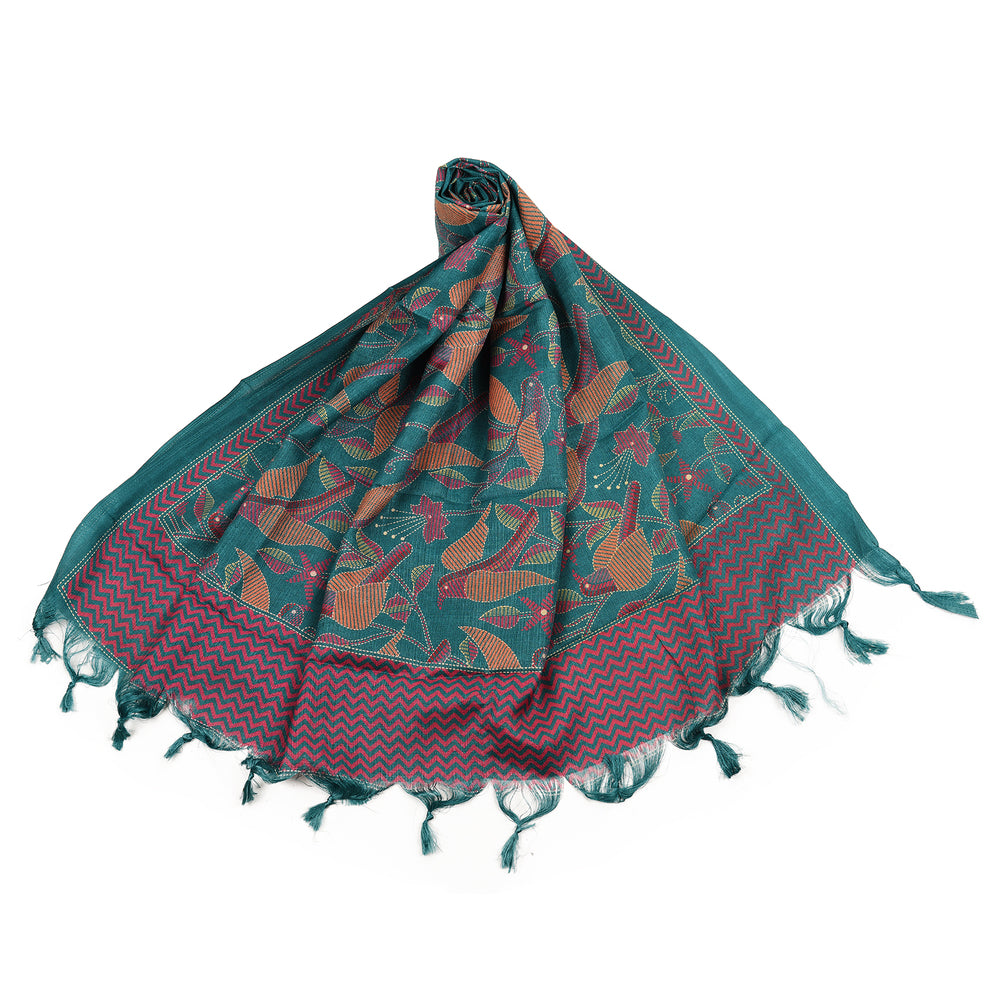 Art Silk Dupatta with All-Over Bird Print and Tassels