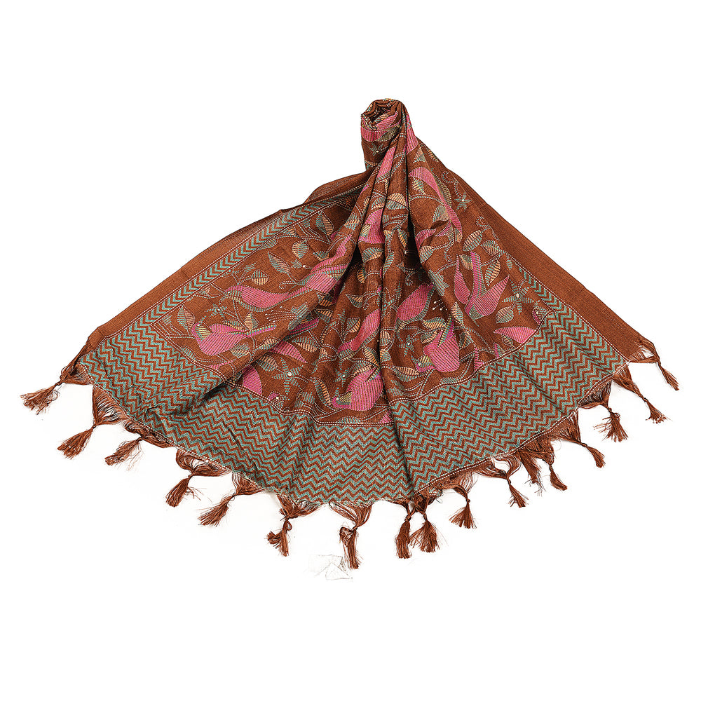 Art Silk Dupatta with All-Over Bird Print and Tassels