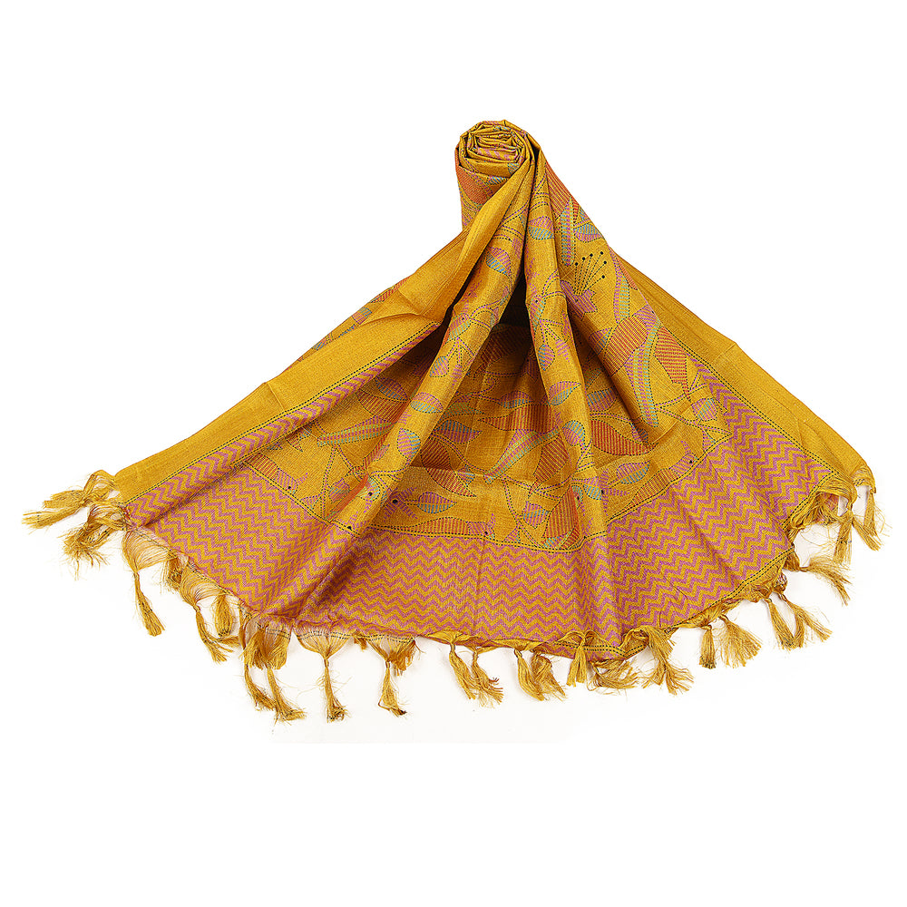 Art Silk Dupatta with All-Over Bird Print and Tassels