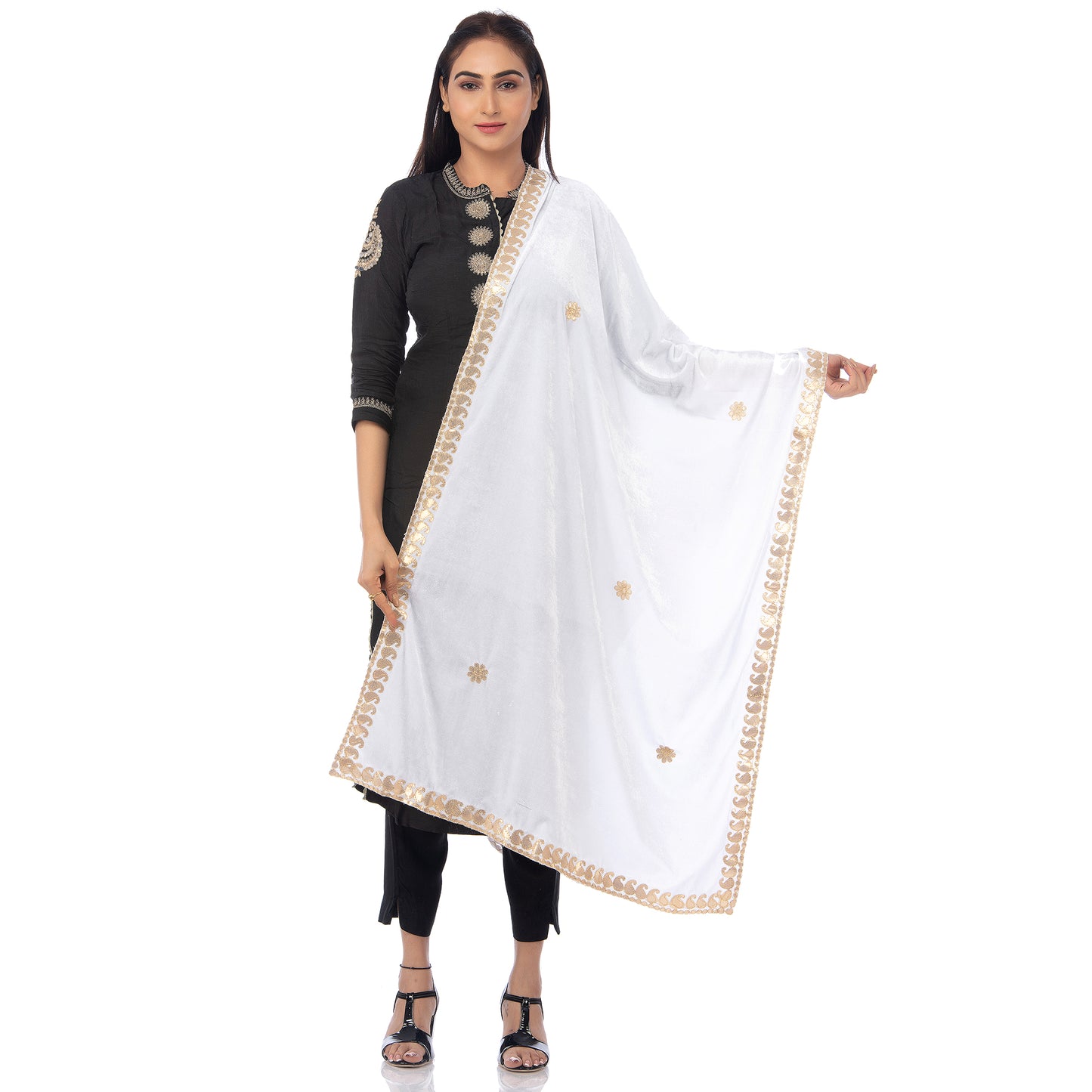 Elegant Velvet Dupatta with Embroidered Gota Patti Gold Border