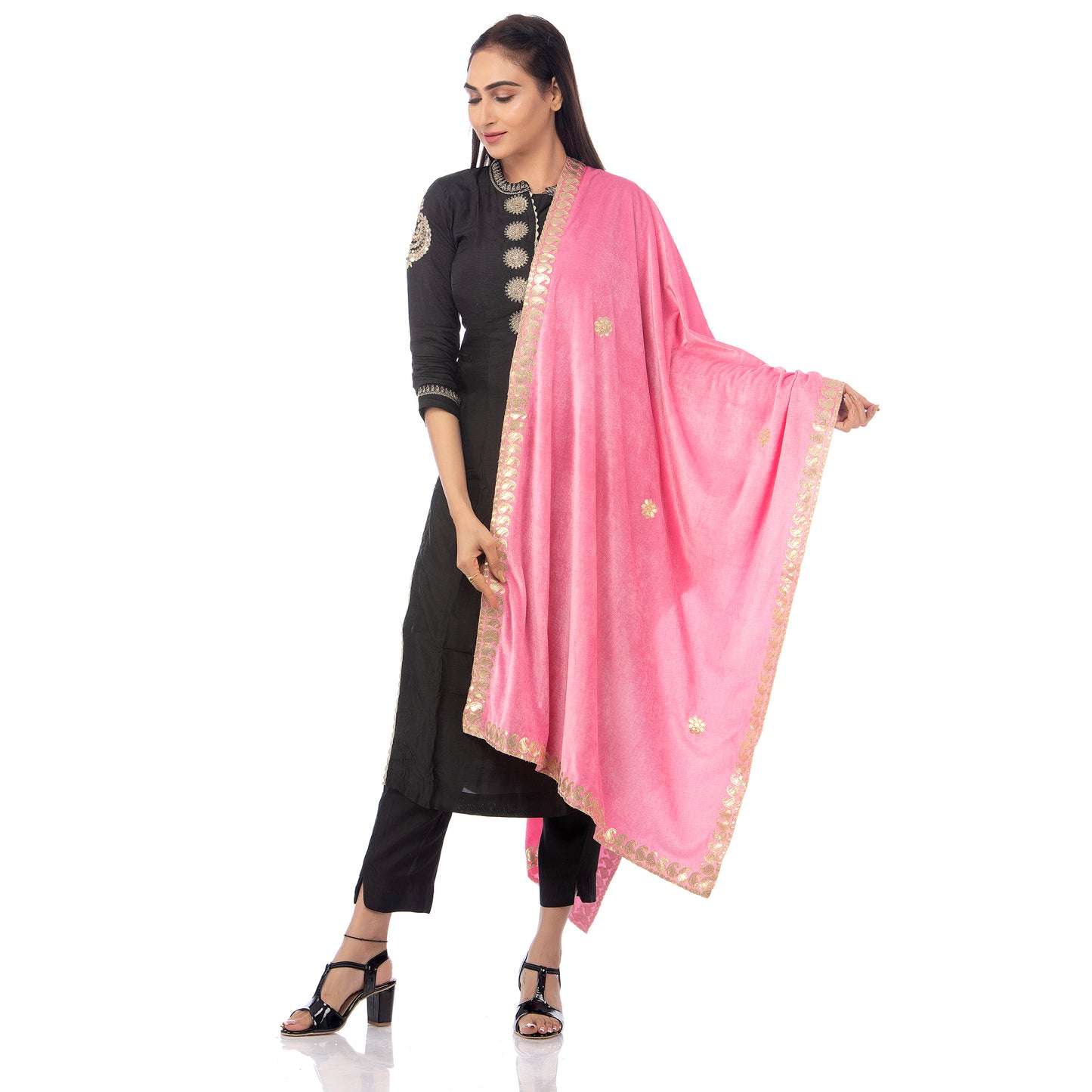 Elegant Velvet Dupatta with Embroidered Gota Patti Gold Border