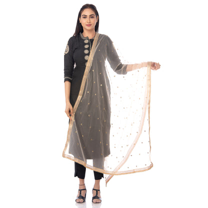 Elegant Net Dupatta with Golden Zari & Moti Lace