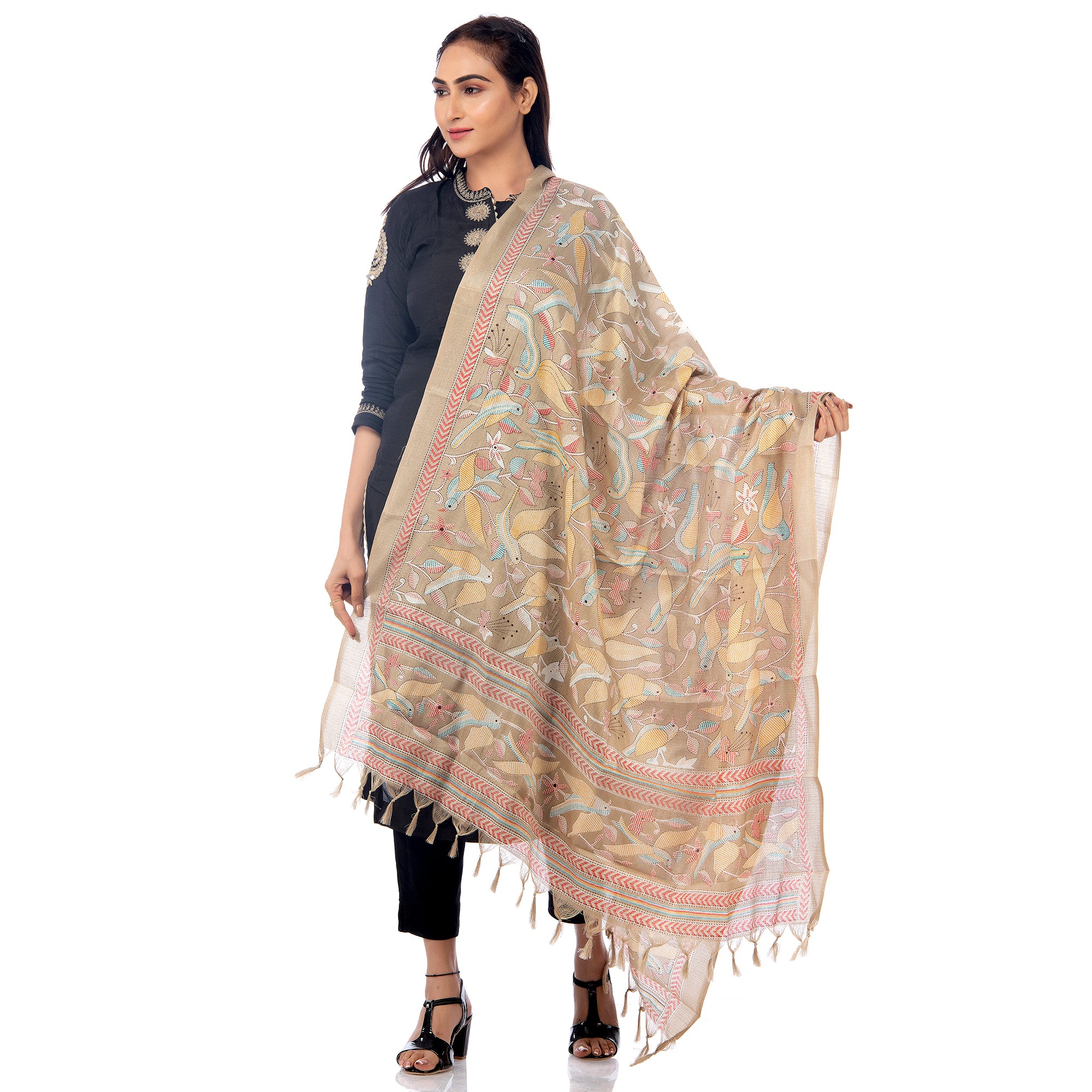 Art Silk Dupatta with All-Over Bird Print and Tassels