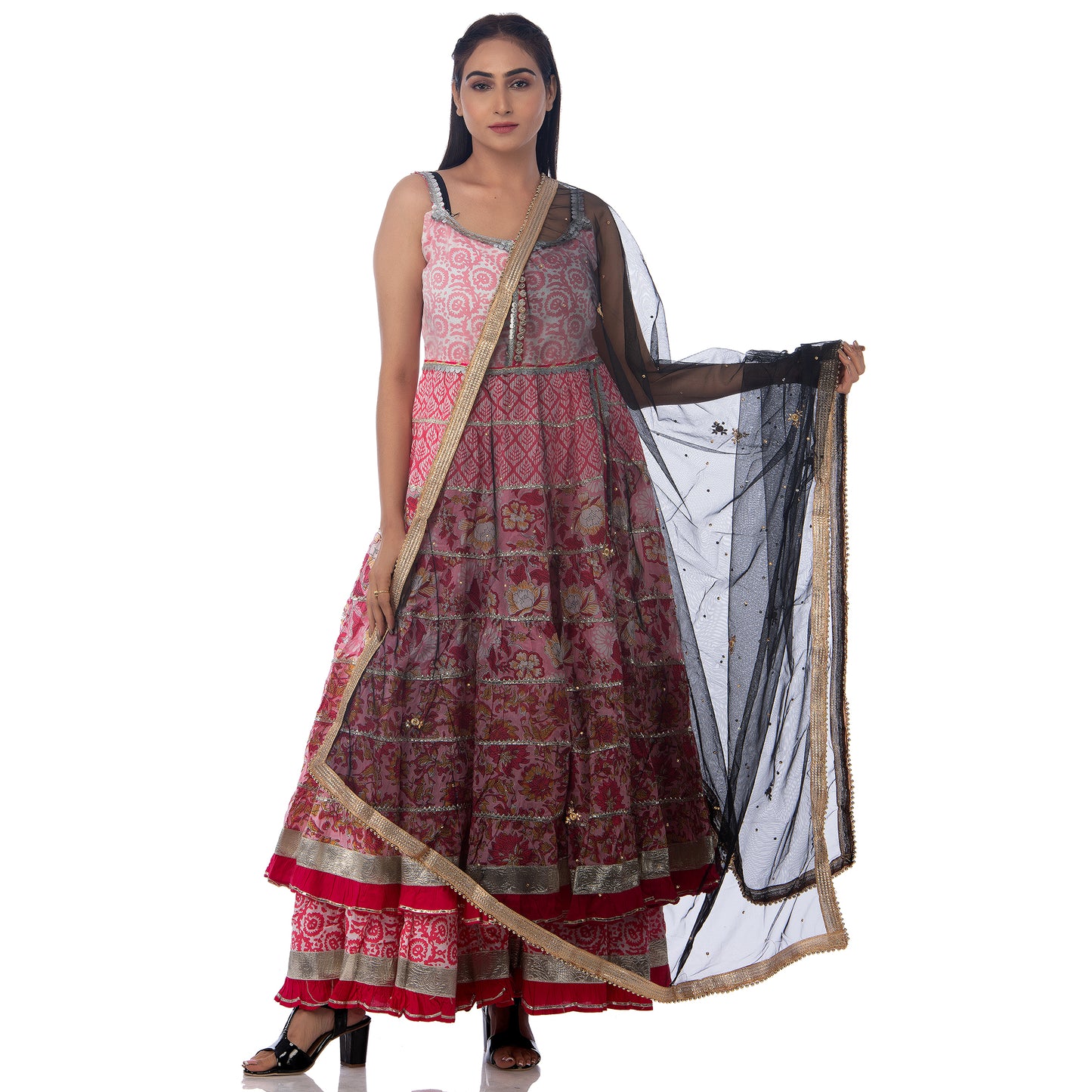 Elegant Net Dupatta with Golden Zari & Moti Lace