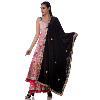 Elegant Velvet Dupatta with Embroidered Gota Patti Gold Border