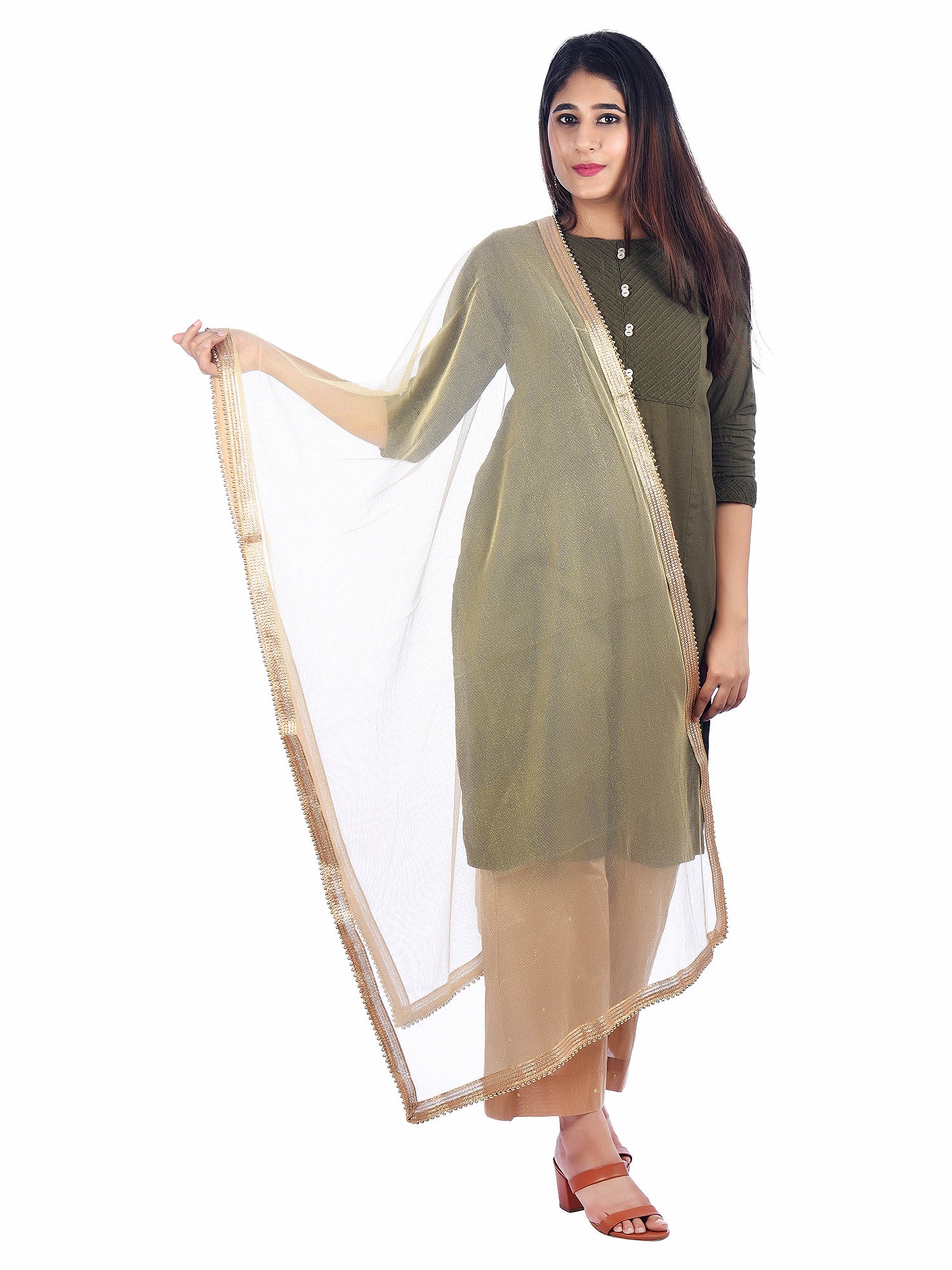 Elegant Net Dupatta with Golden Zari & Moti Lace