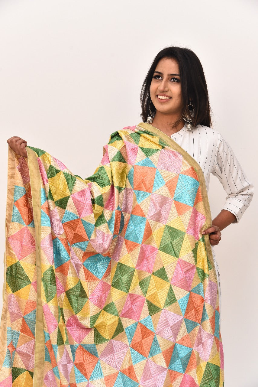 Multicolour Phulkari Dupatta with Geometric Embroidery