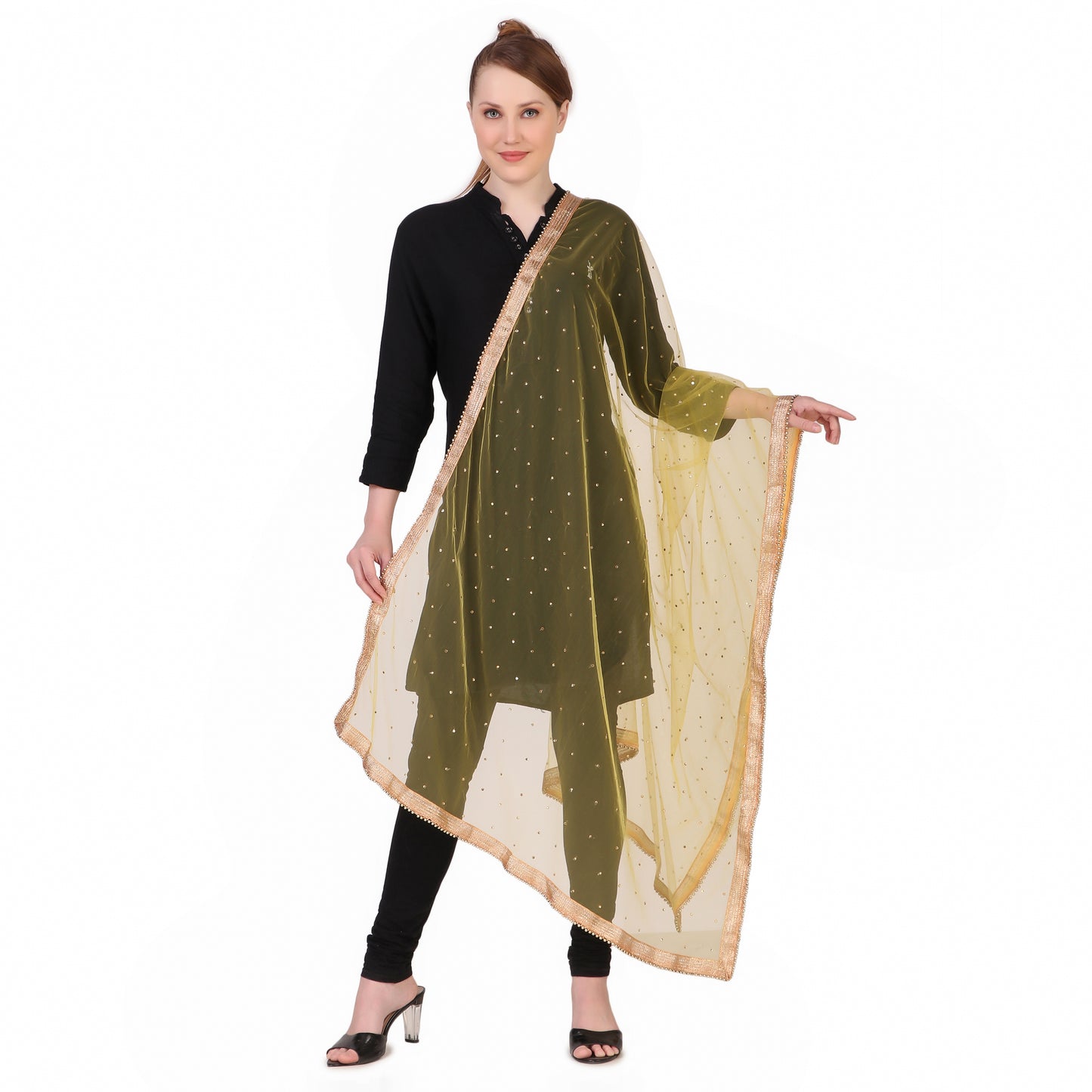 Elegant Net Dupatta with Golden Zari & Moti Lace