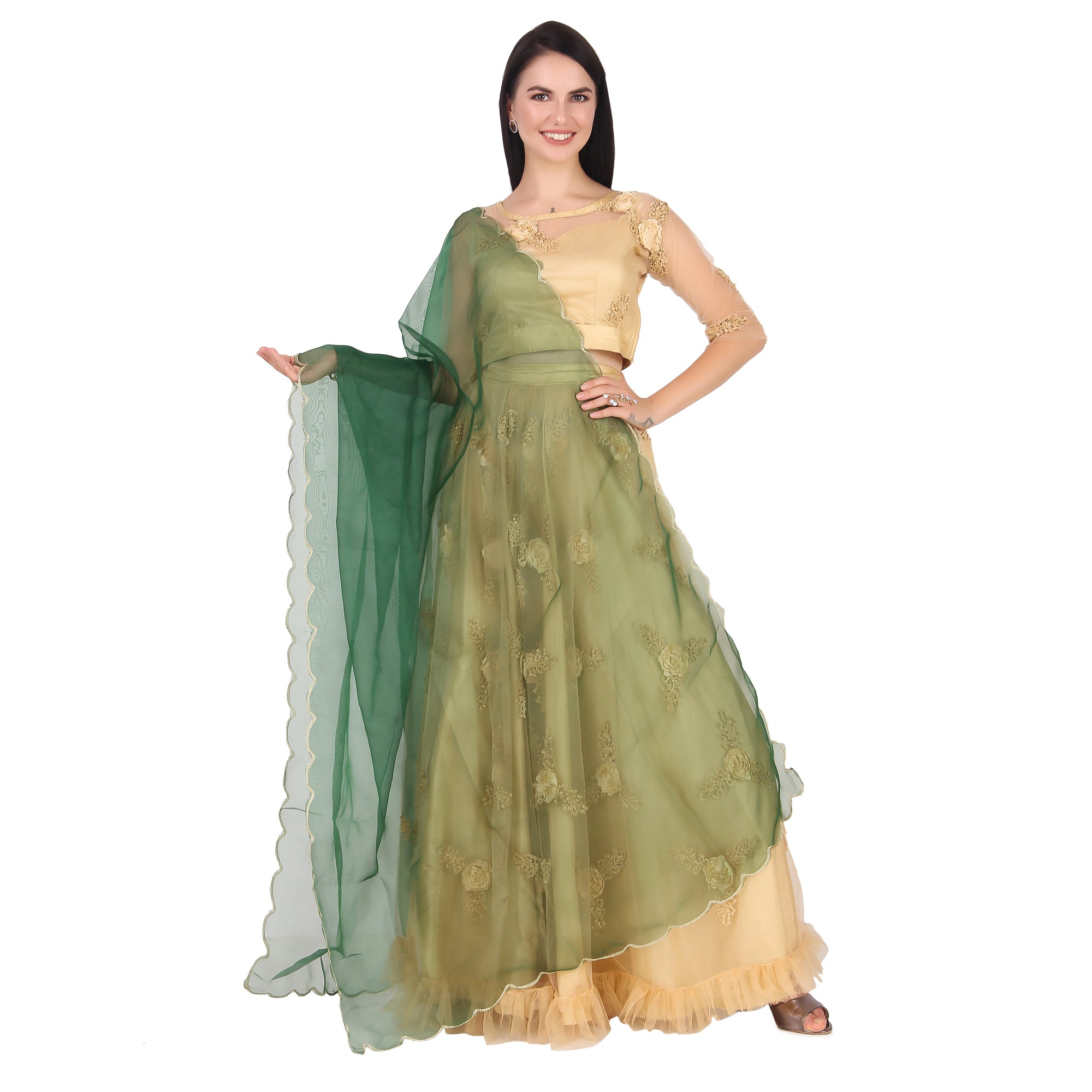Elegant Pink & Red Organza Dupatta with Four-Side Scallop Cut Work