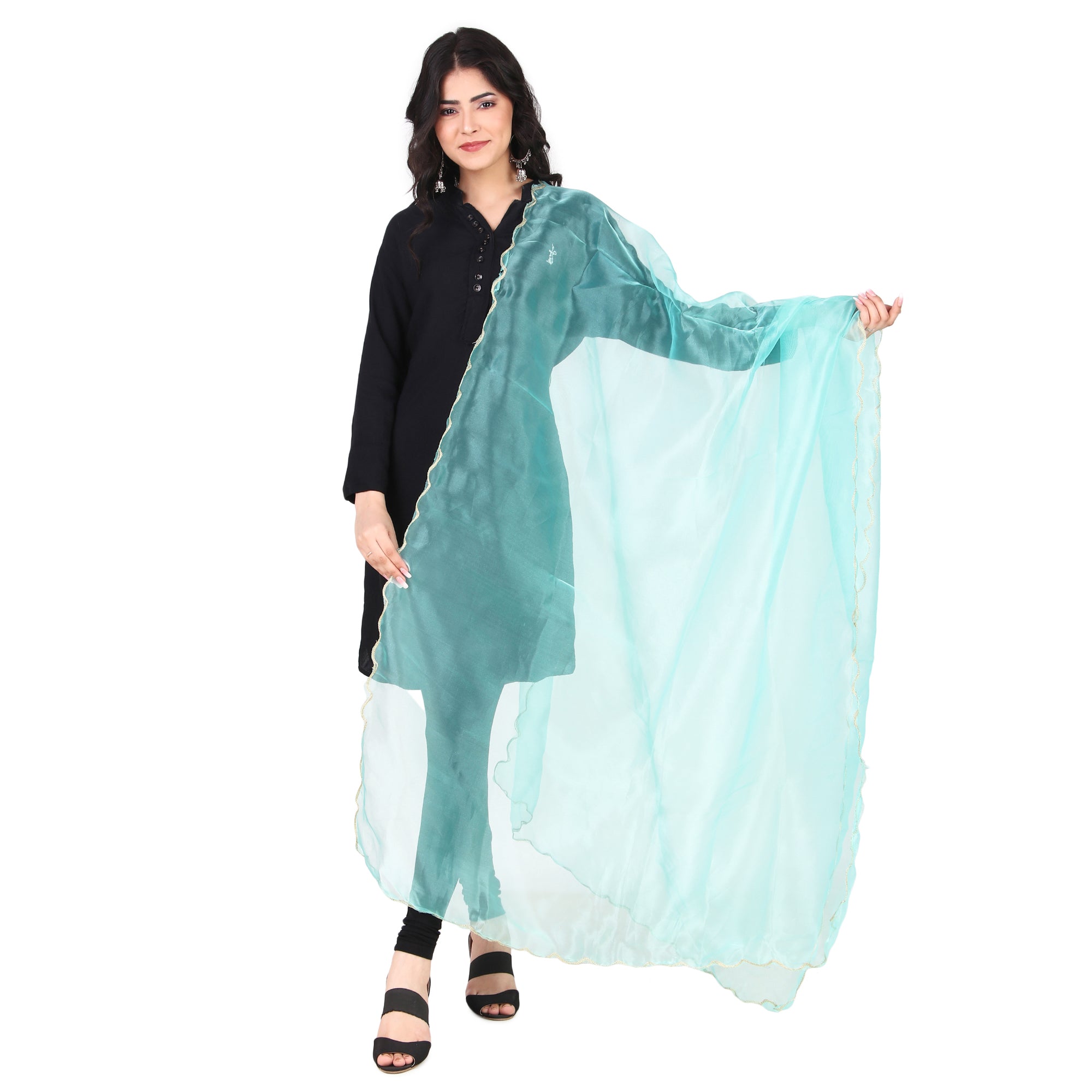 Elegant Pink & Red Organza Dupatta with Four-Side Scallop Cut Work
