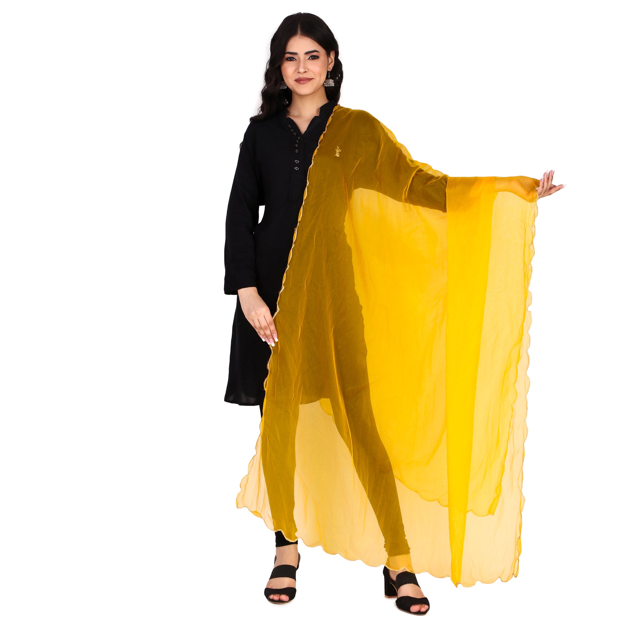 Elegant Pink & Red Organza Dupatta with Four-Side Scallop Cut Work