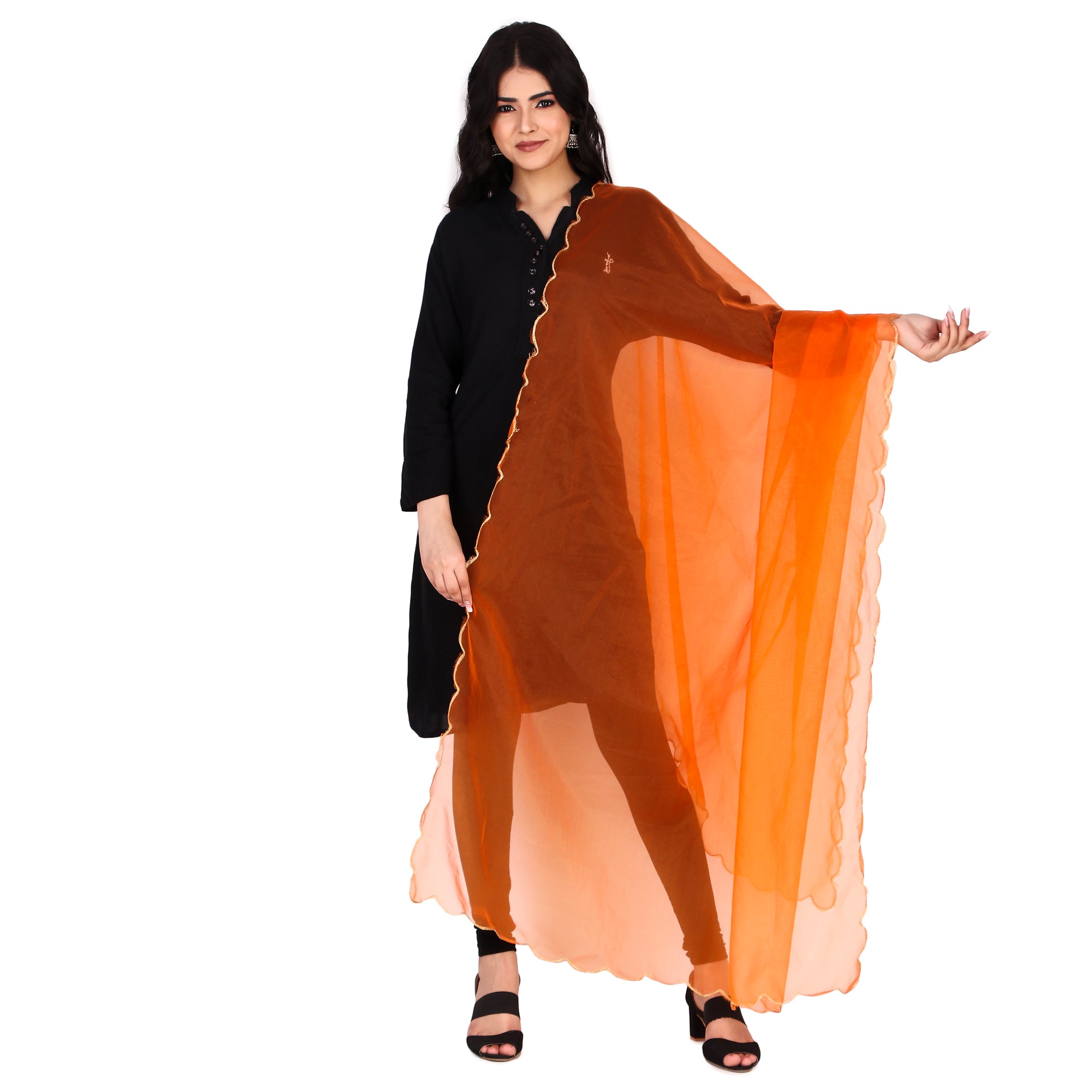 Elegant Pink & Red Organza Dupatta with Four-Side Scallop Cut Work