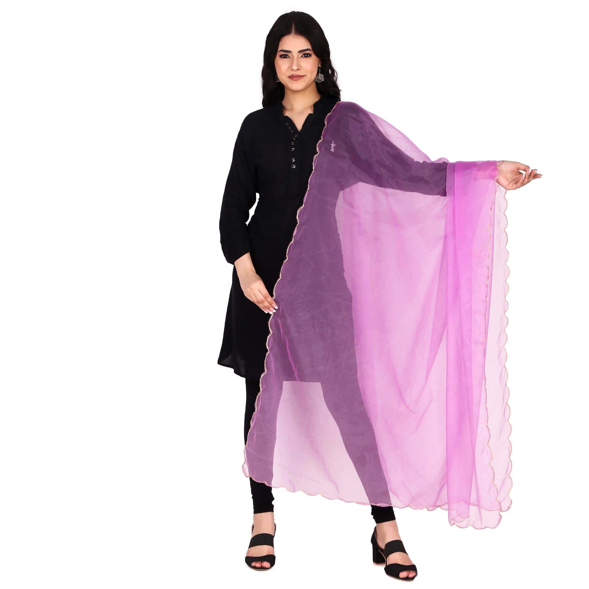 Elegant Pink & Red Organza Dupatta with Four-Side Scallop Cut Work
