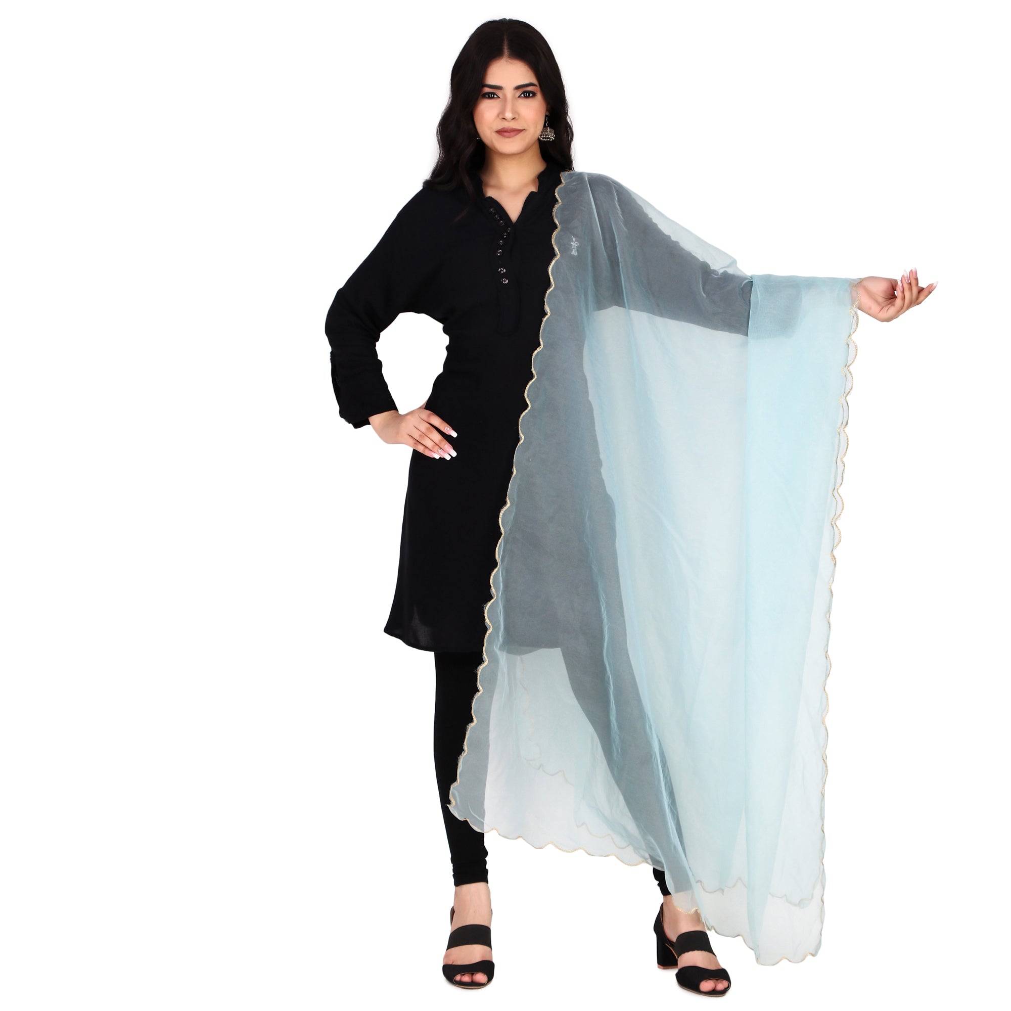 Elegant Pink & Red Organza Dupatta with Four-Side Scallop Cut Work