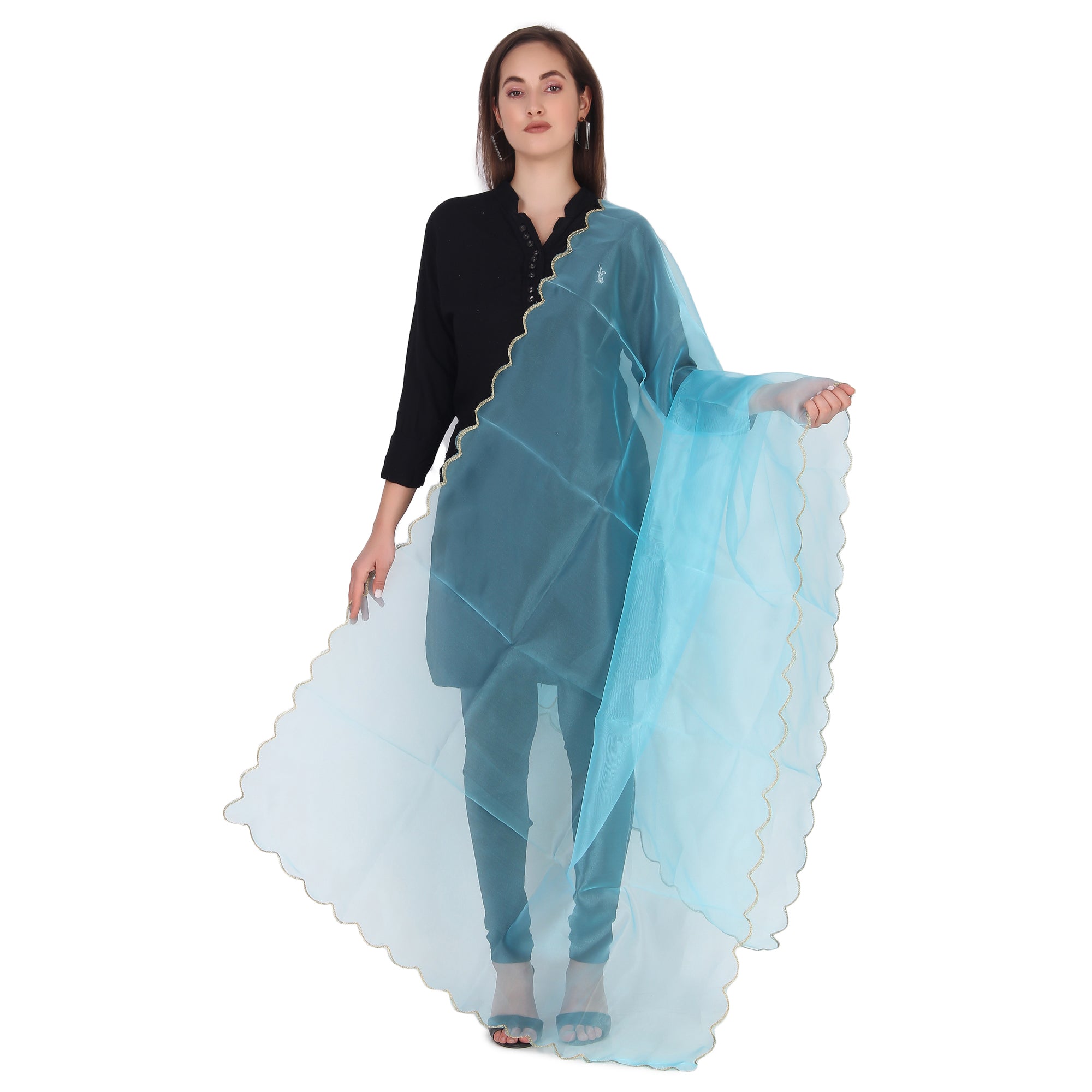 Elegant Pink & Red Organza Dupatta with Four-Side Scallop Cut Work