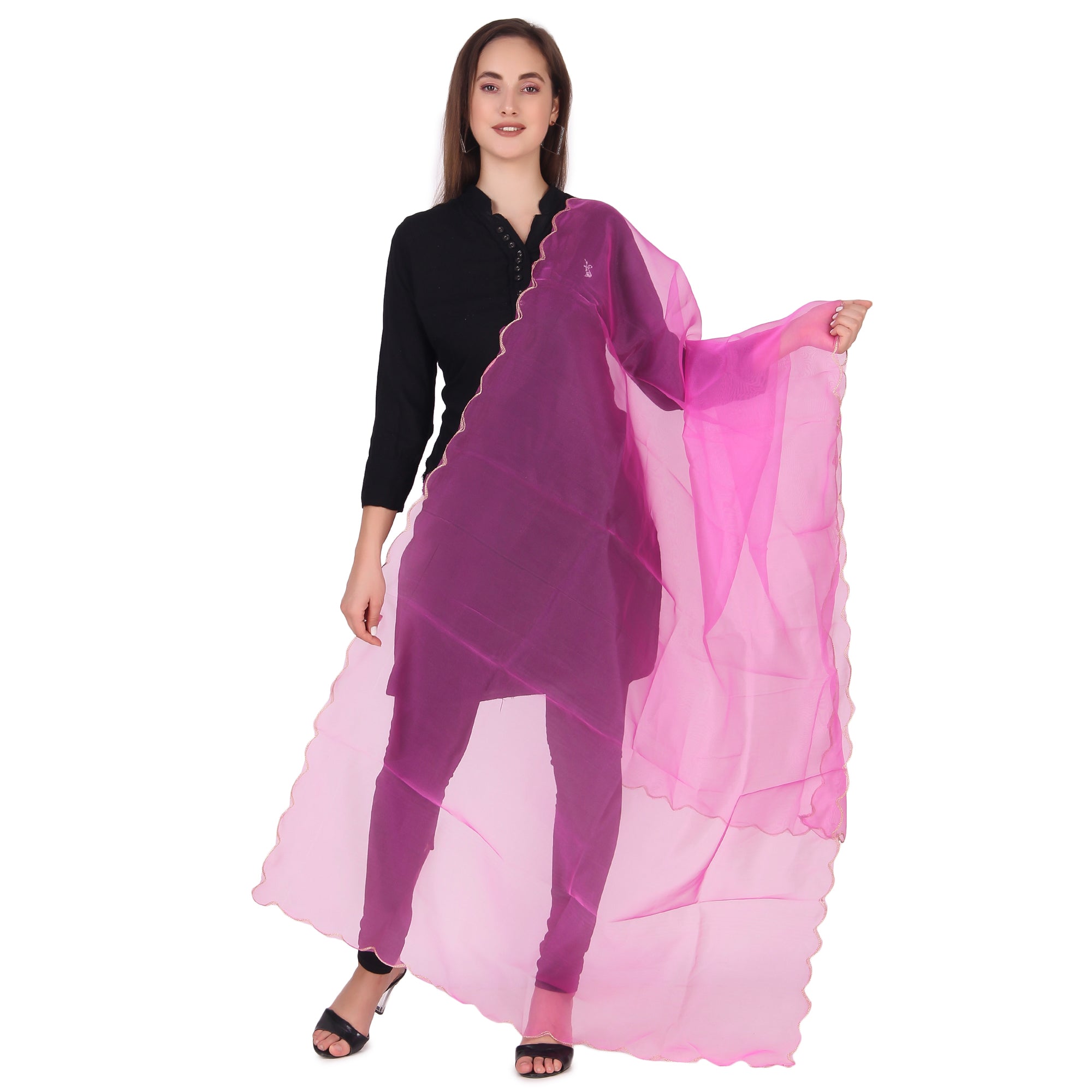 Elegant Pink & Red Organza Dupatta with Four-Side Scallop Cut Work