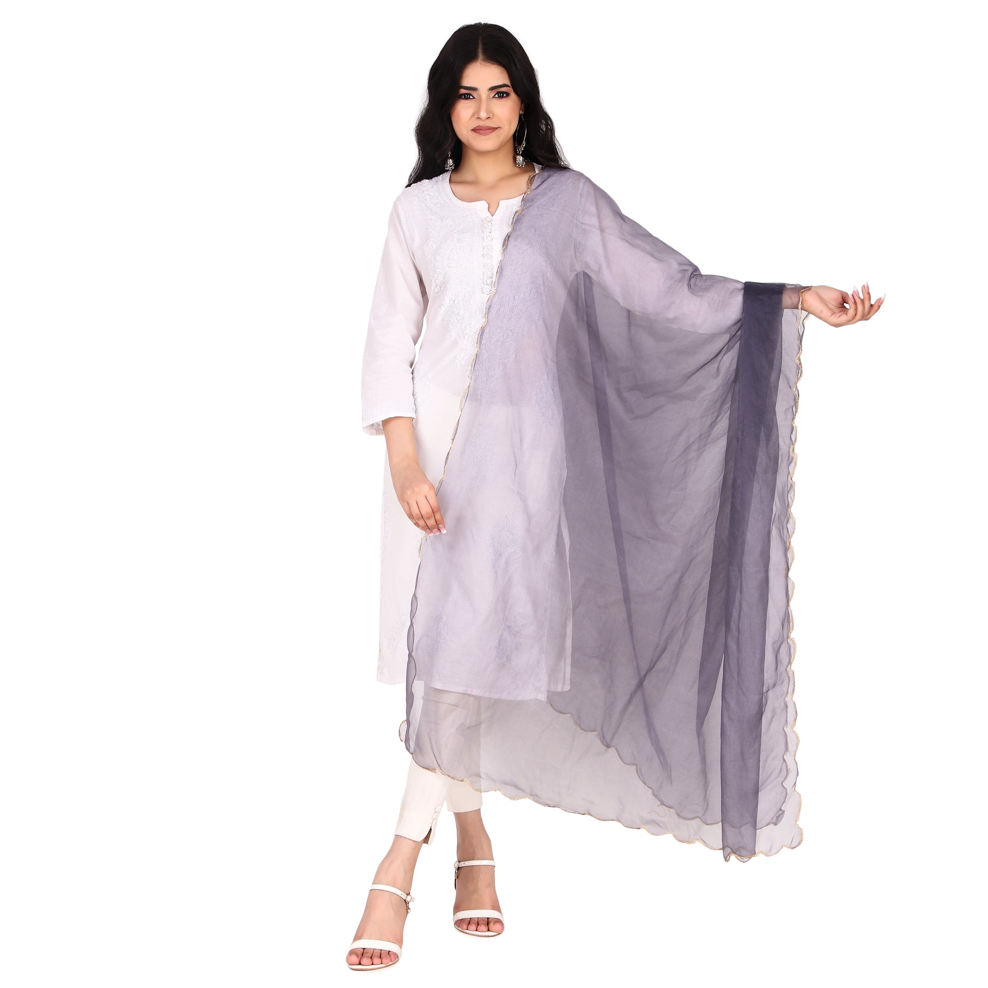 Elegant Pink & Red Organza Dupatta with Four-Side Scallop Cut Work