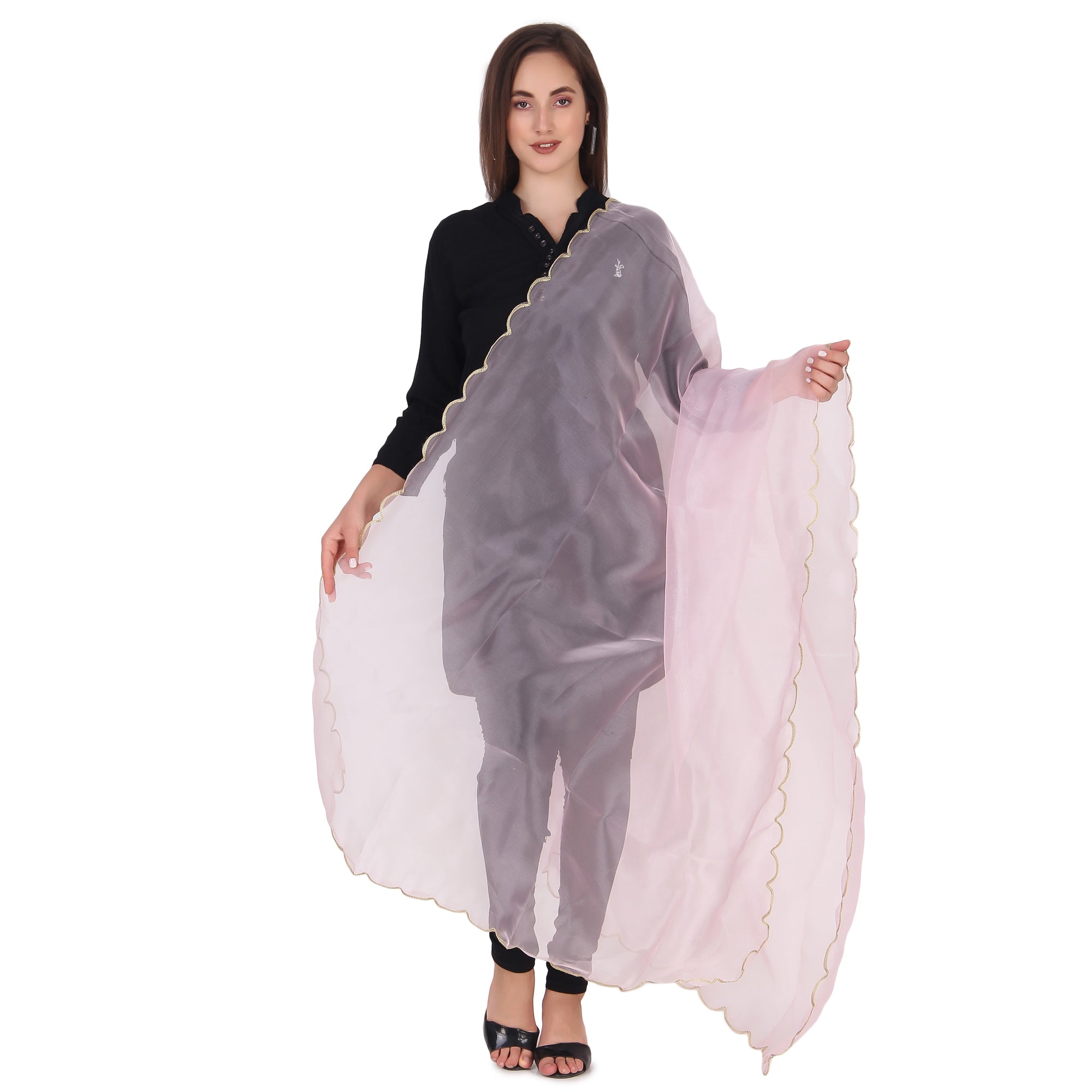 Elegant Pink & Red Organza Dupatta with Four-Side Scallop Cut Work