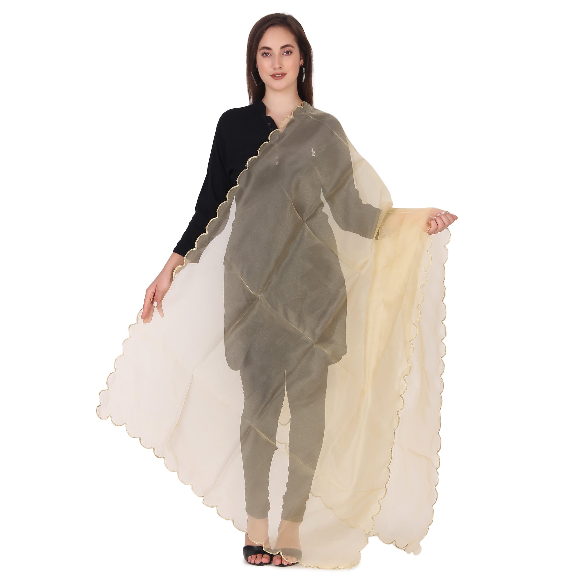 Elegant Pink & Red Organza Dupatta with Four-Side Scallop Cut Work