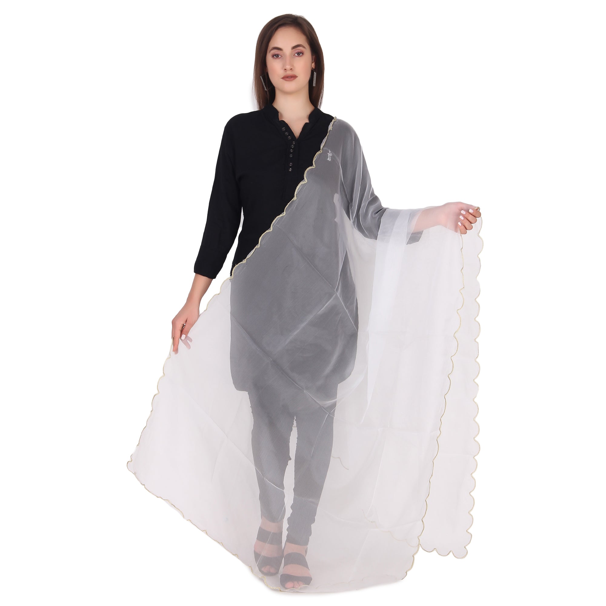 Elegant Pink & Red Organza Dupatta with Four-Side Scallop Cut Work