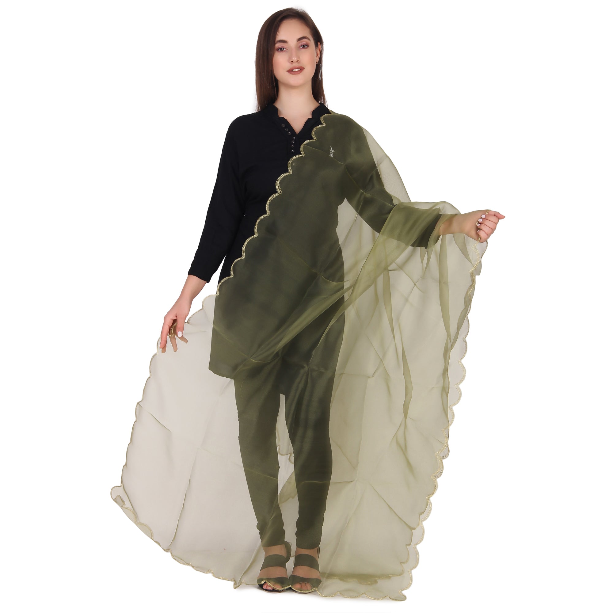 Elegant Pink & Red Organza Dupatta with Four-Side Scallop Cut Work